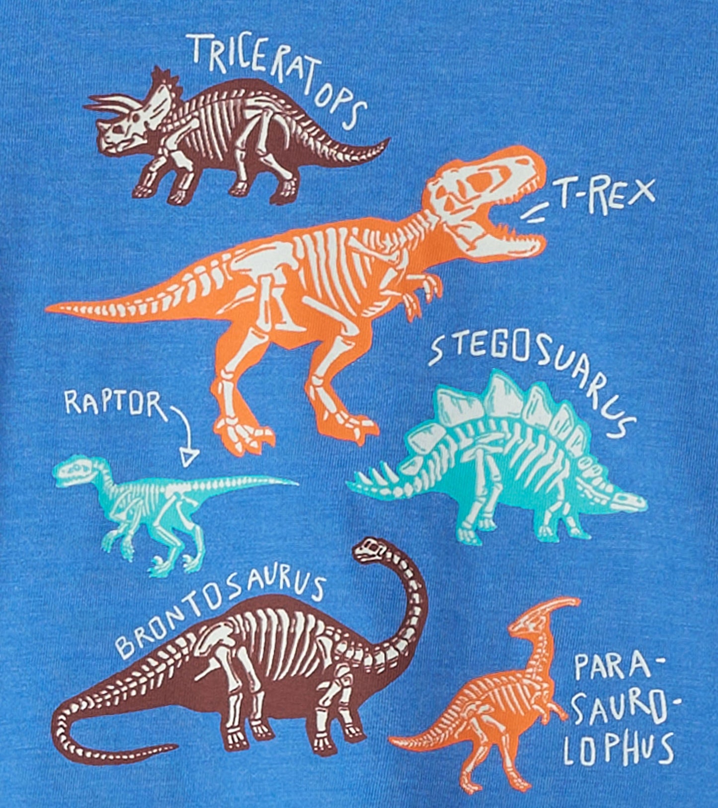 Blue long sleeve t-shirt featuring colorful dinosaur skeleton graphics, including T-Rex, Triceratops, and Stegosaurus.
