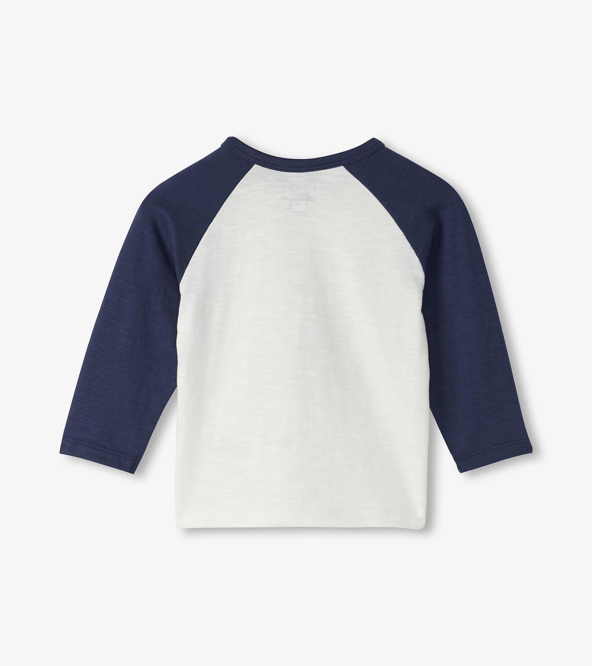Long sleeve t-shirt featuring a white body and navy blue raglan sleeves, suitable for baby and toddler boys.