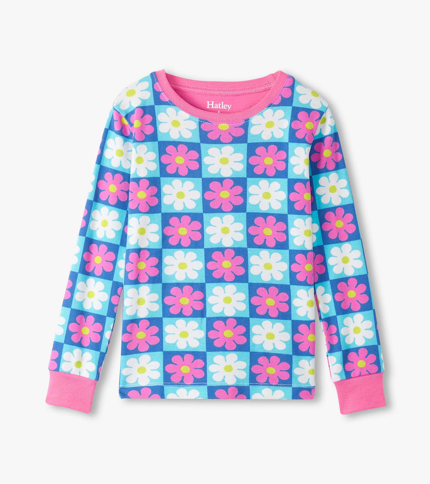 Long-sleeve pajama top in blue with checkered pattern of pink and white daisies, featuring a pink neckline.