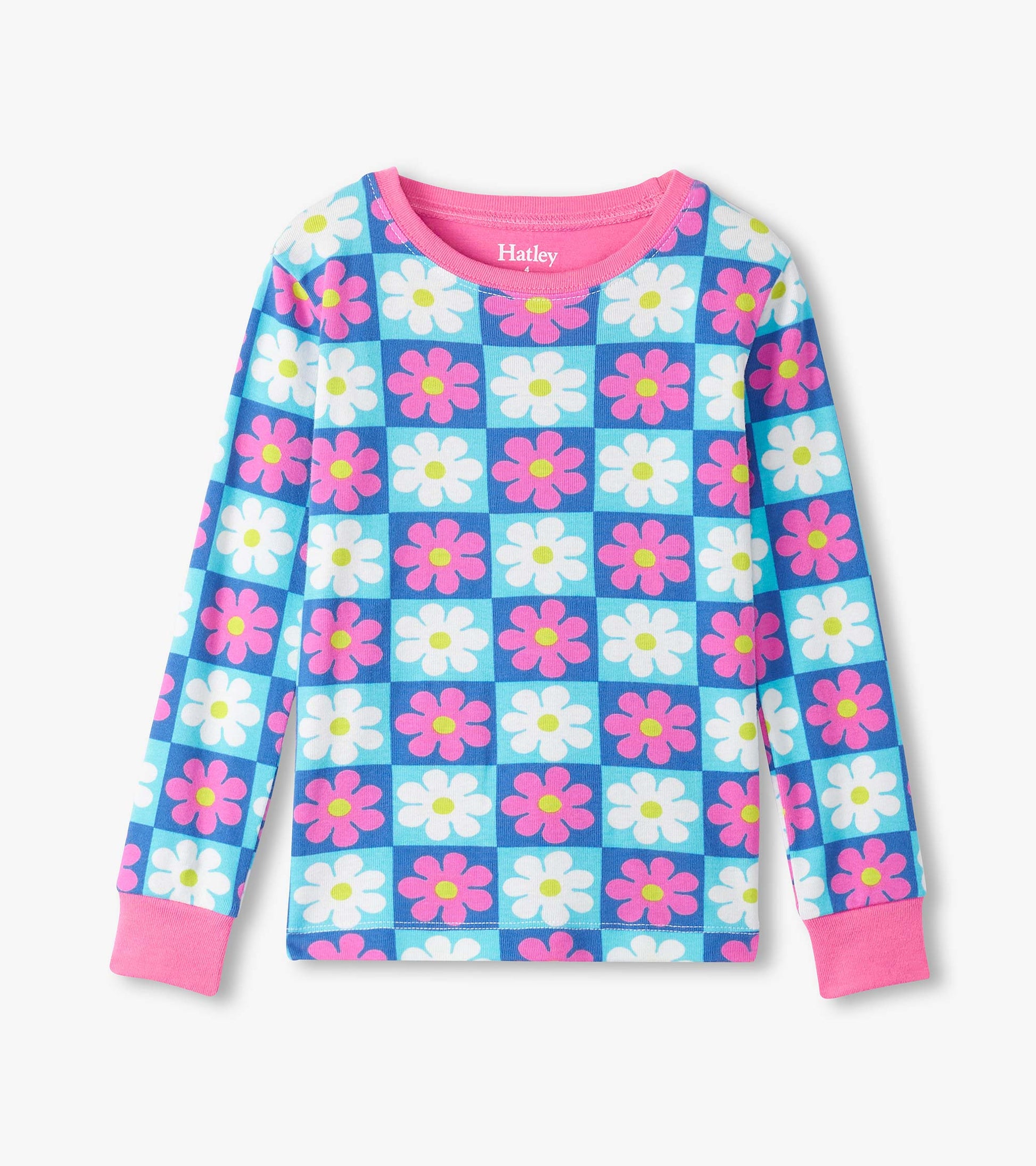 Long-sleeve pajama top in blue with checkered pattern of pink and white daisies, featuring a pink neckline.