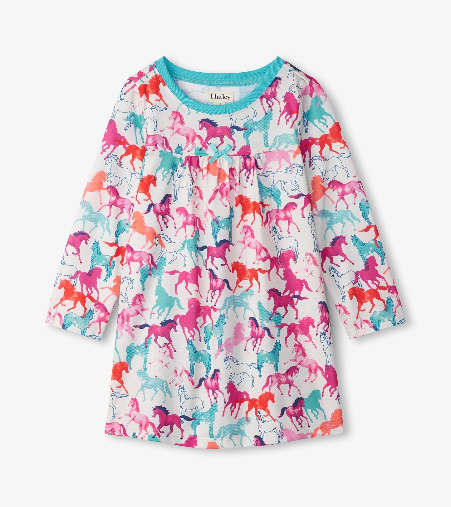 Long-sleeve nightgown featuring a colorful horse print on a white background, with a light blue neckline.