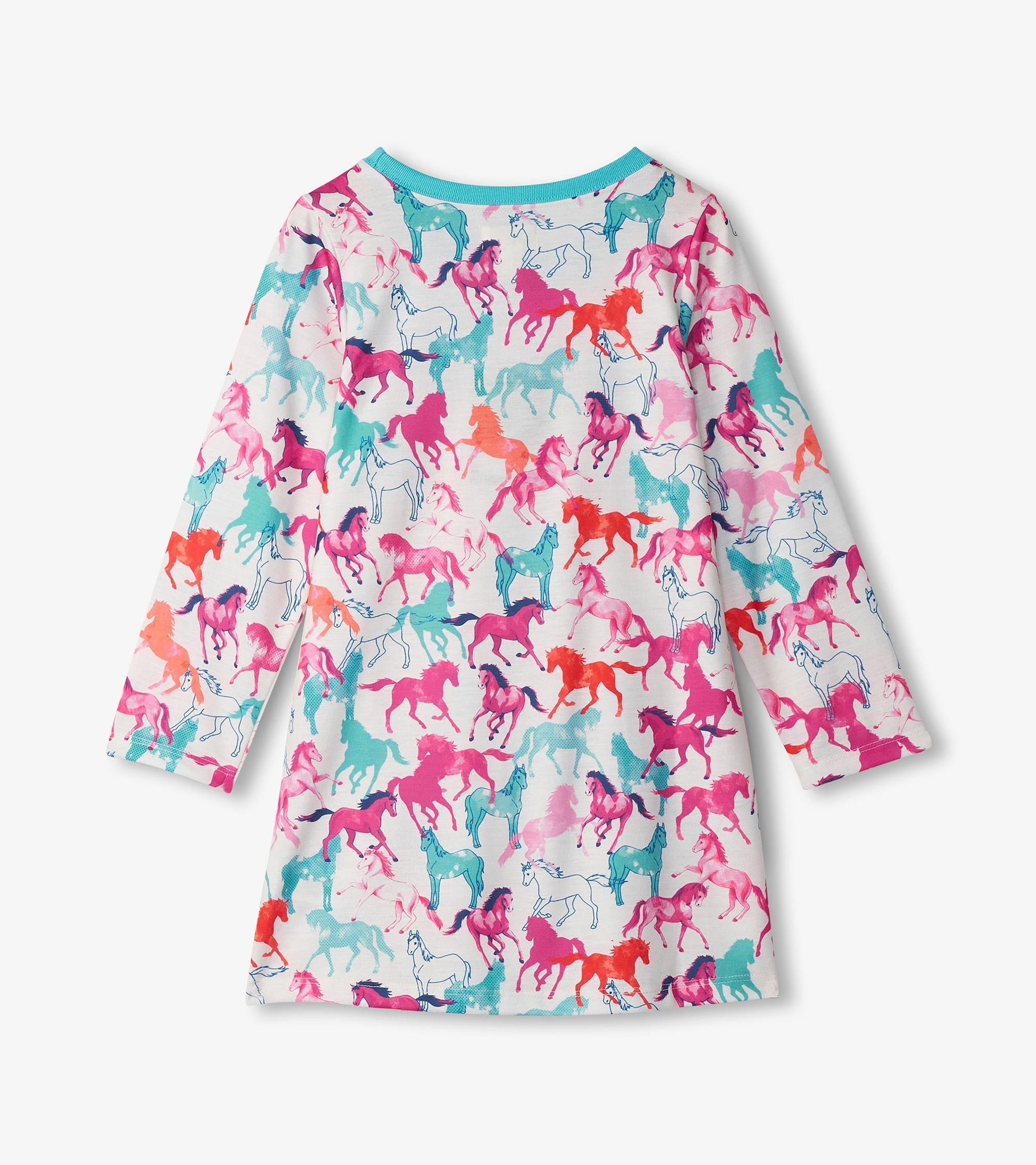 Long-sleeve nightgown featuring a colorful horse print on a white background, with a round neckline and soft fabric.