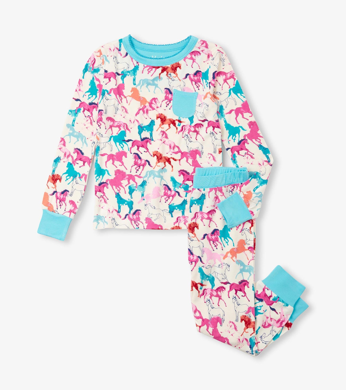 Bamboo pajama set featuring a colorful horse print with blue accents, includes long-sleeve top and matching pants.