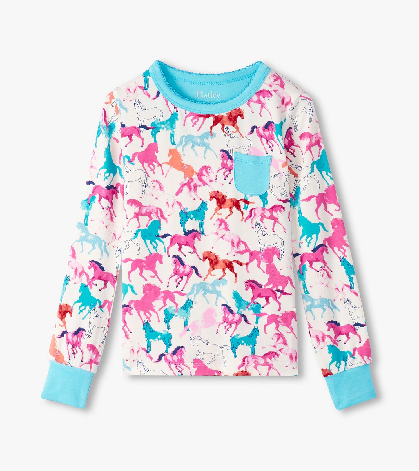Long-sleeve pajama top featuring a colorful horse print on a white background with a light blue neckline and pocket.