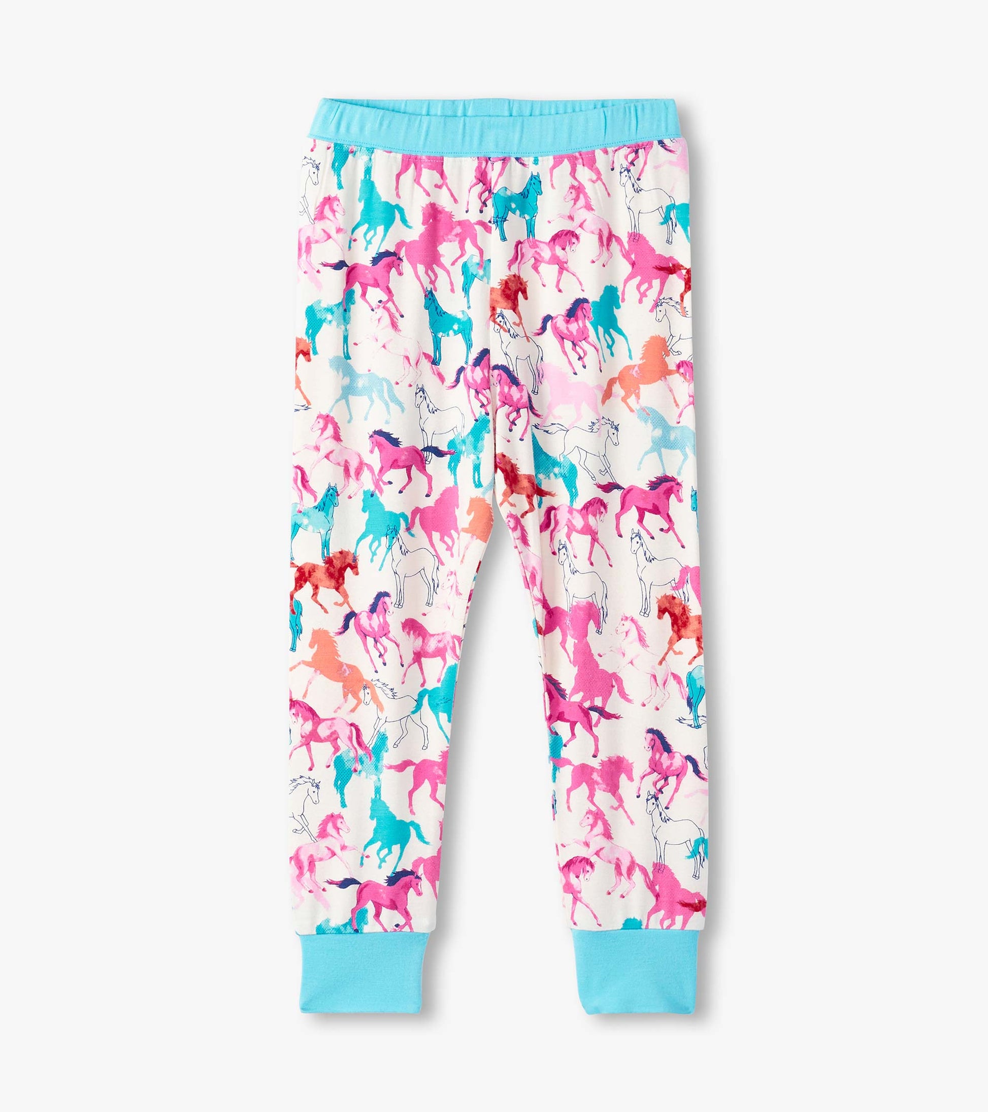 Bamboo pajama pants featuring a colorful horse print in pink, blue, and orange with a light blue waistband and cuffs.