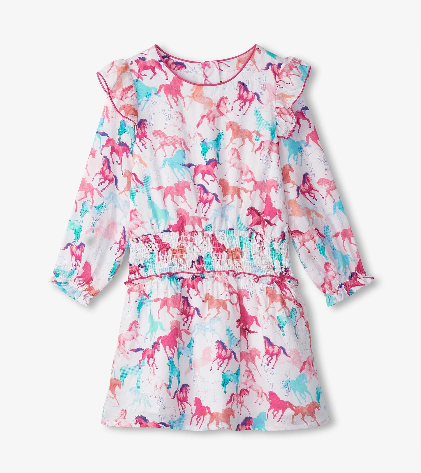 Colorful dress featuring a smocked waist and ruffled sleeves, adorned with a playful horse print in pink and blue tones.