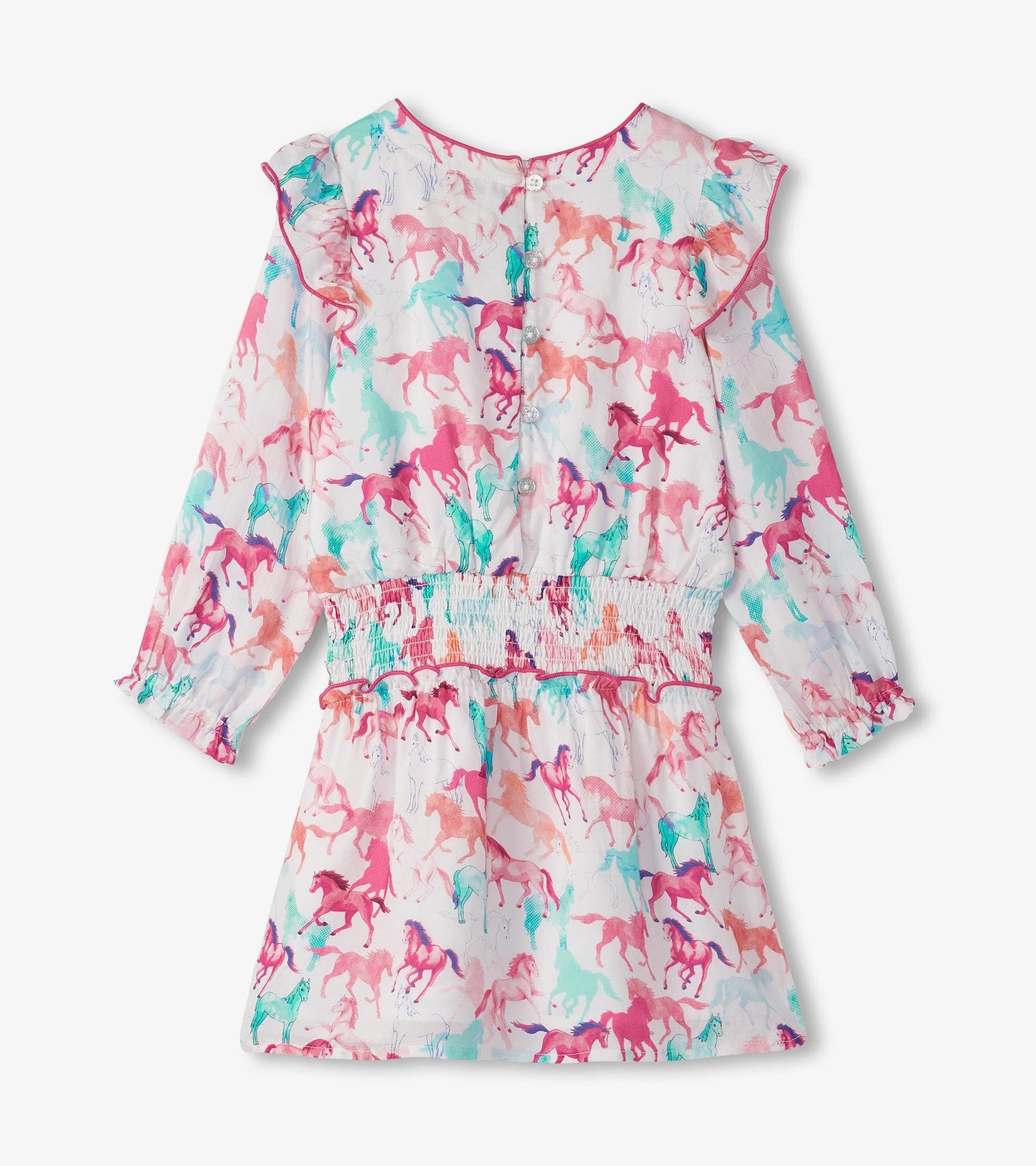 Long-sleeve dress featuring a colorful horse print, smocked waist, and ruffled shoulders in lightweight fabric.