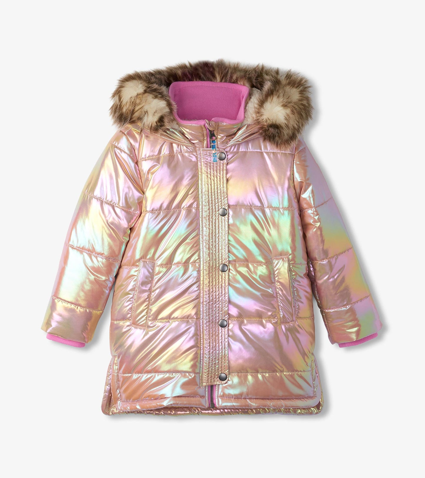 Iridescent pink puffer jacket with a faux fur hood and pink lining, featuring snap buttons and side pockets.