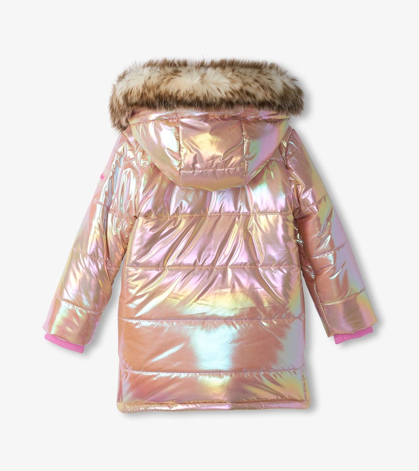 Iridescent pink puffer jacket with a faux fur hood, featuring a quilted design and pink cuffs.