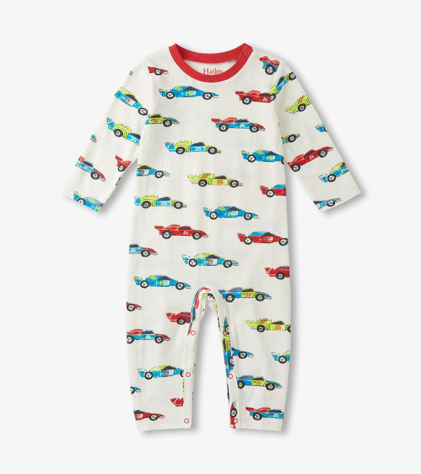 Long sleeve romper featuring a colorful racecar print on a light background, with a red neckline and snap closures.