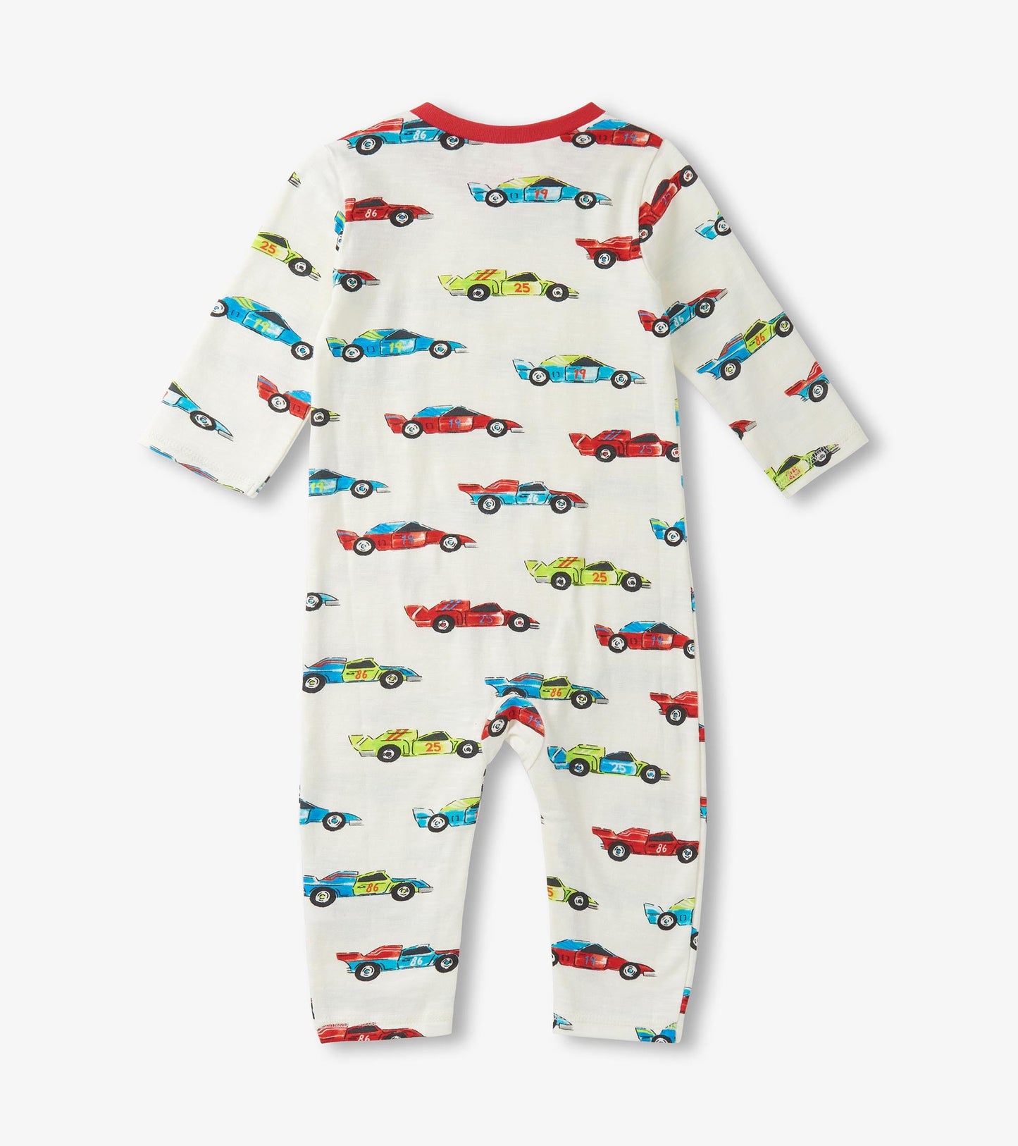 Long sleeve romper featuring a colorful racecar print on a white background, suitable for baby boys.