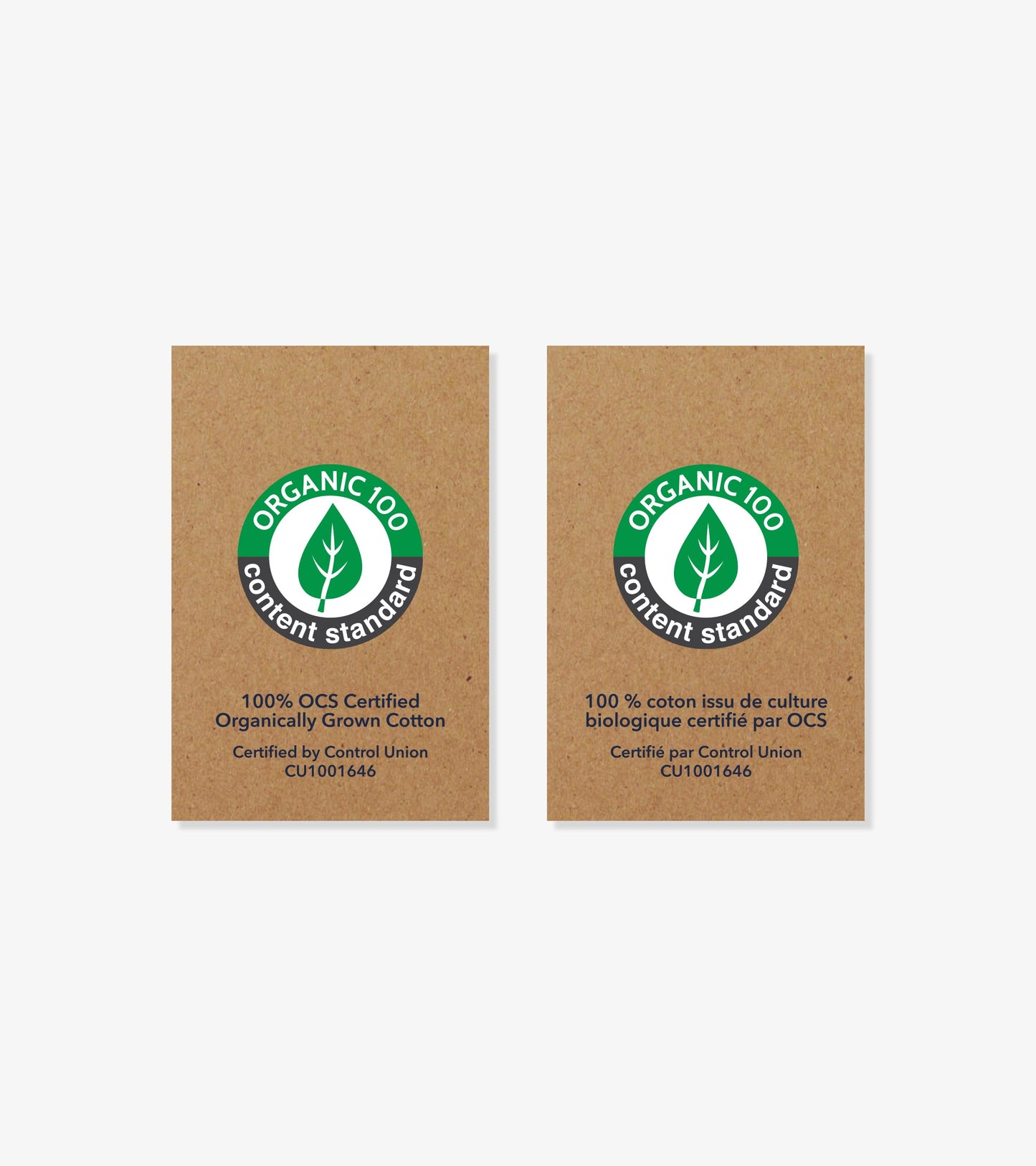 Organic cotton certification labels featuring green and black logos on brown paper, indicating 100% organic content.