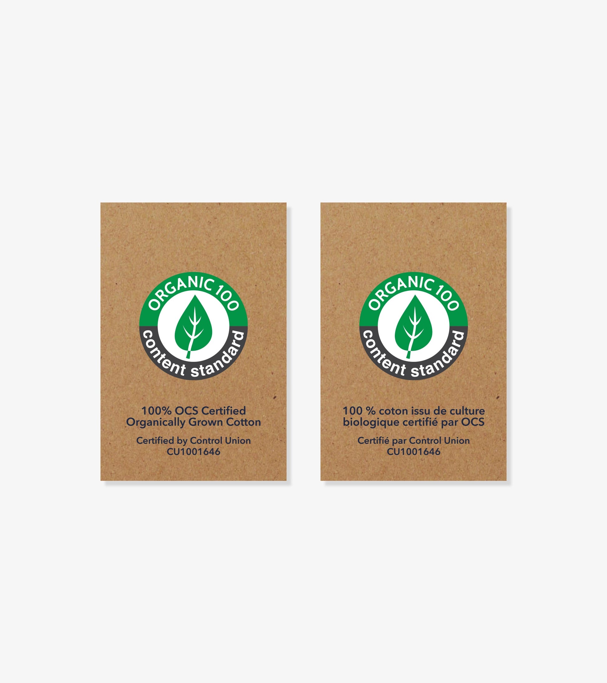Organic cotton certification labels featuring green and black logos on brown paper, indicating 100% organic content.