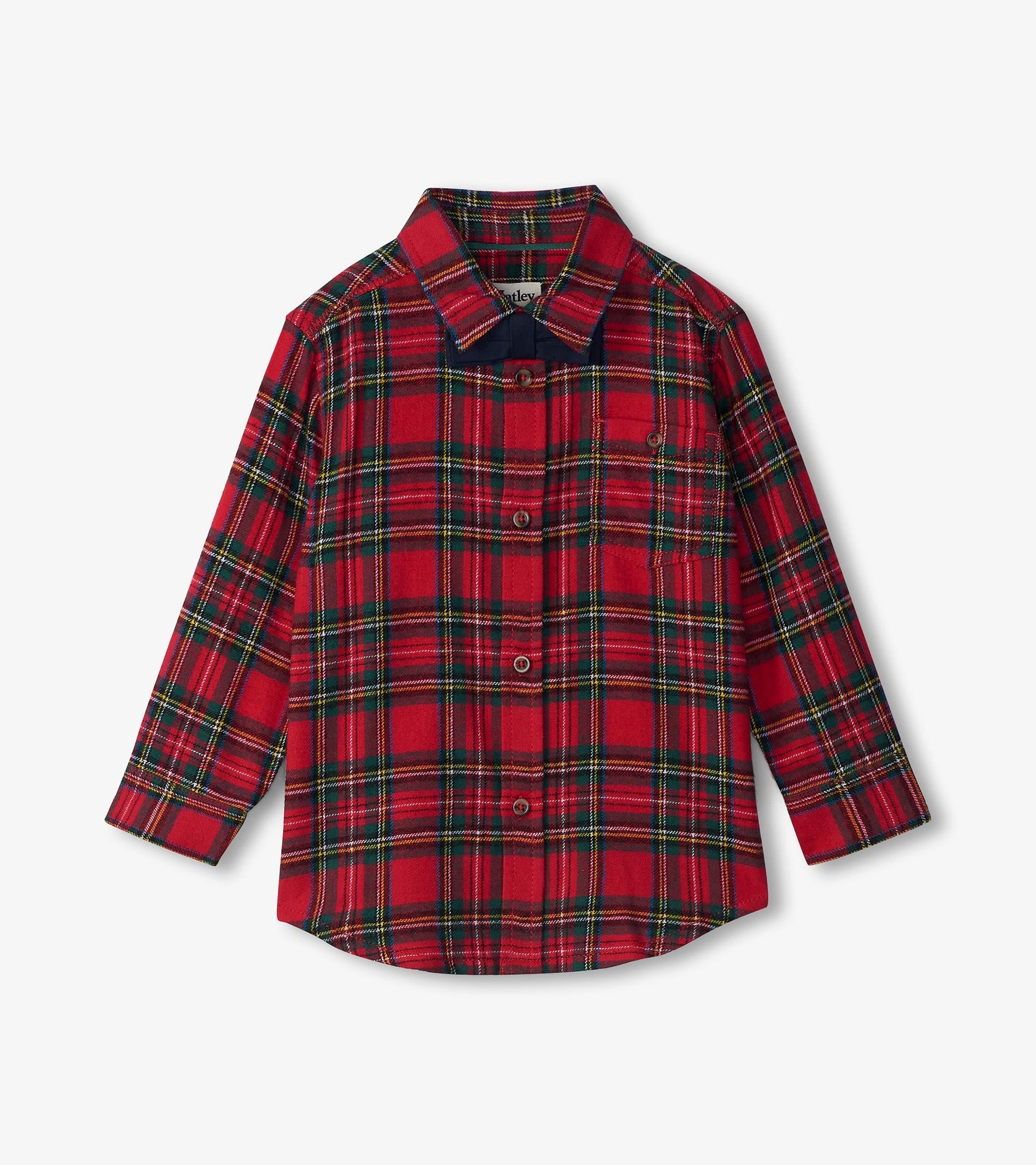 Red plaid button-down shirt with long sleeves and a collar, featuring a chest pocket and button front.