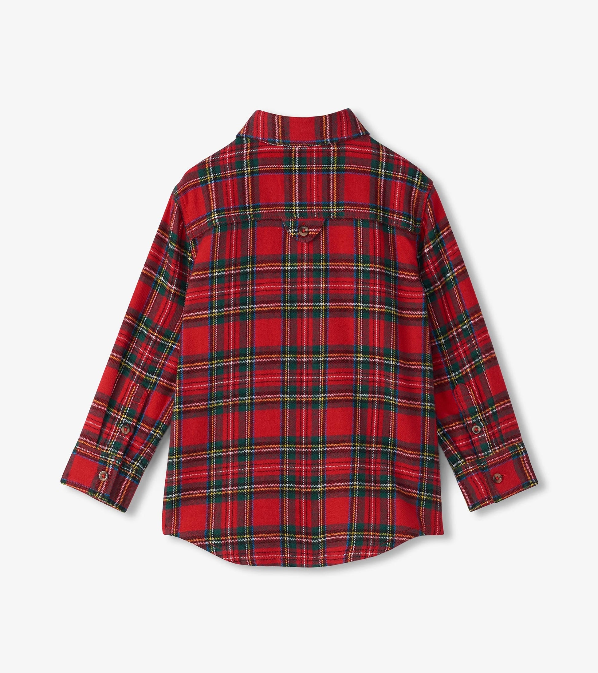 Red plaid button-down shirt with long sleeves and a curved hem, featuring a classic collar and button cuffs.