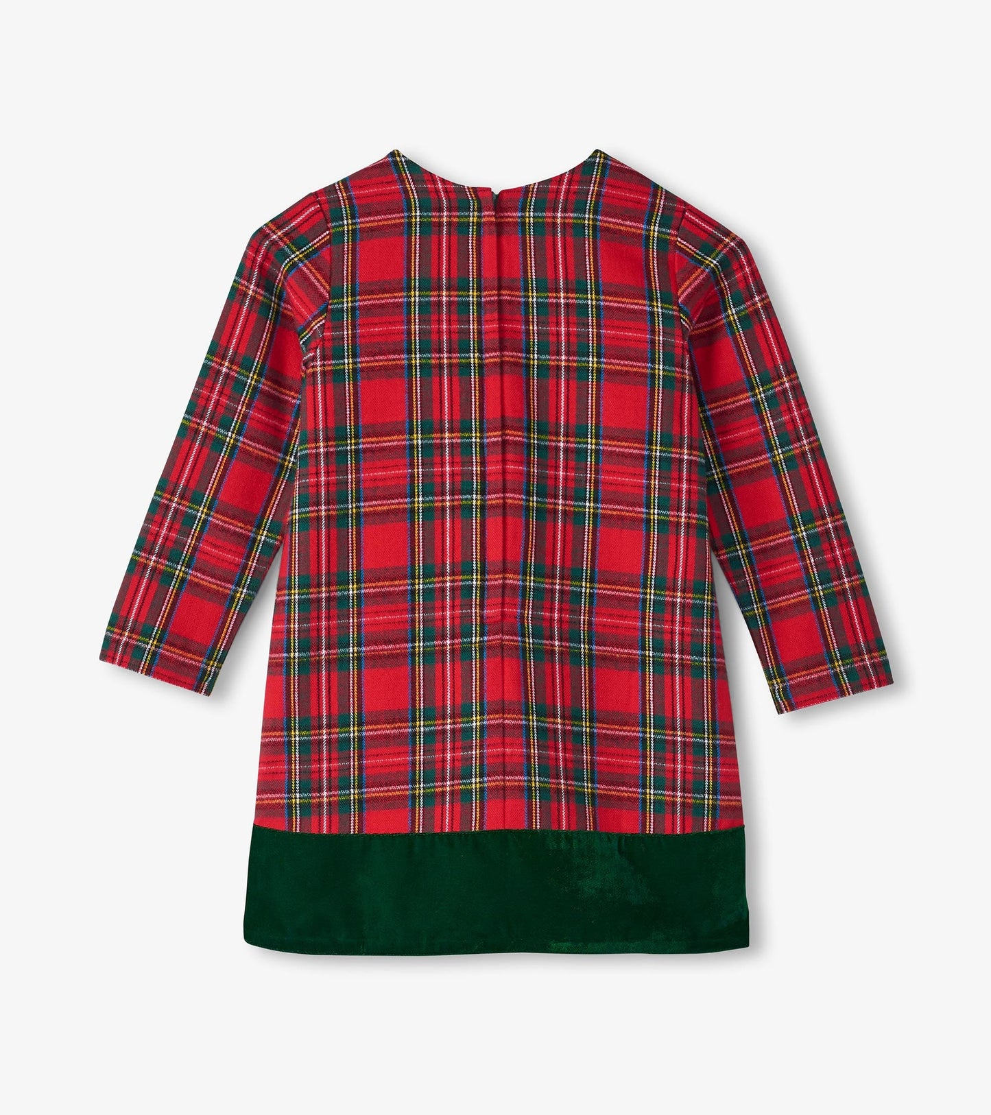 Red plaid A-line dress with long sleeves and a green velvet hem, suitable for casual wear.