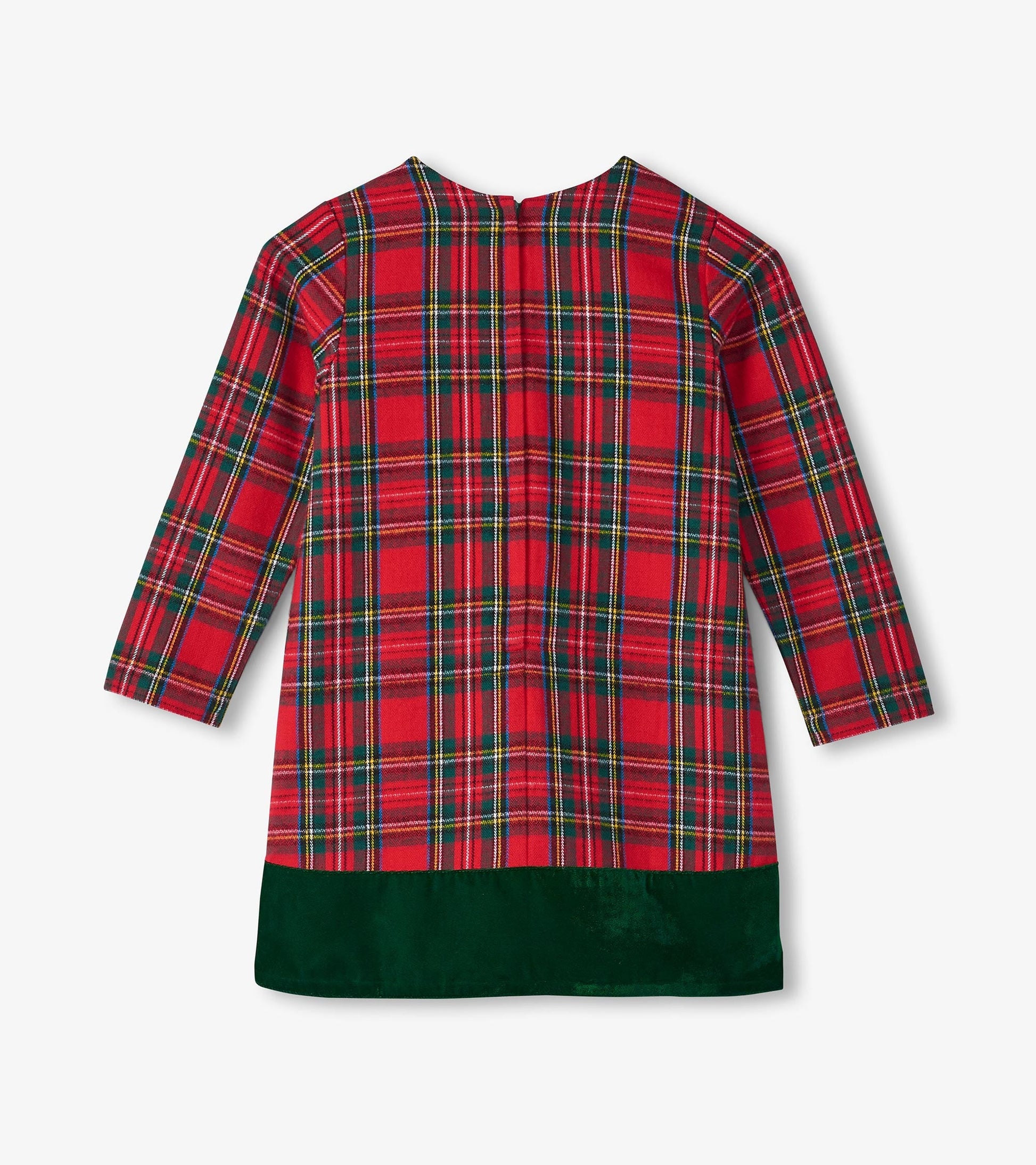 Red plaid A-line dress with long sleeves and a green velvet hem, suitable for casual wear.