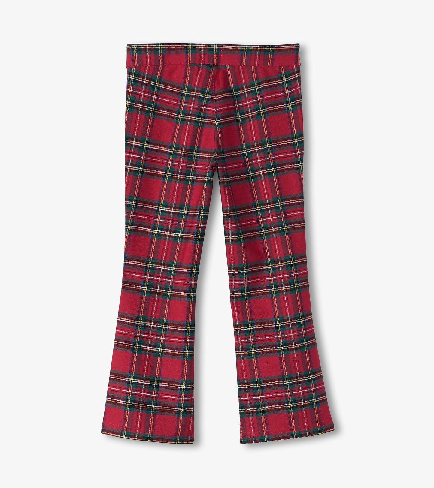 Red plaid flared pants with a comfortable waistband, suitable for casual wear.