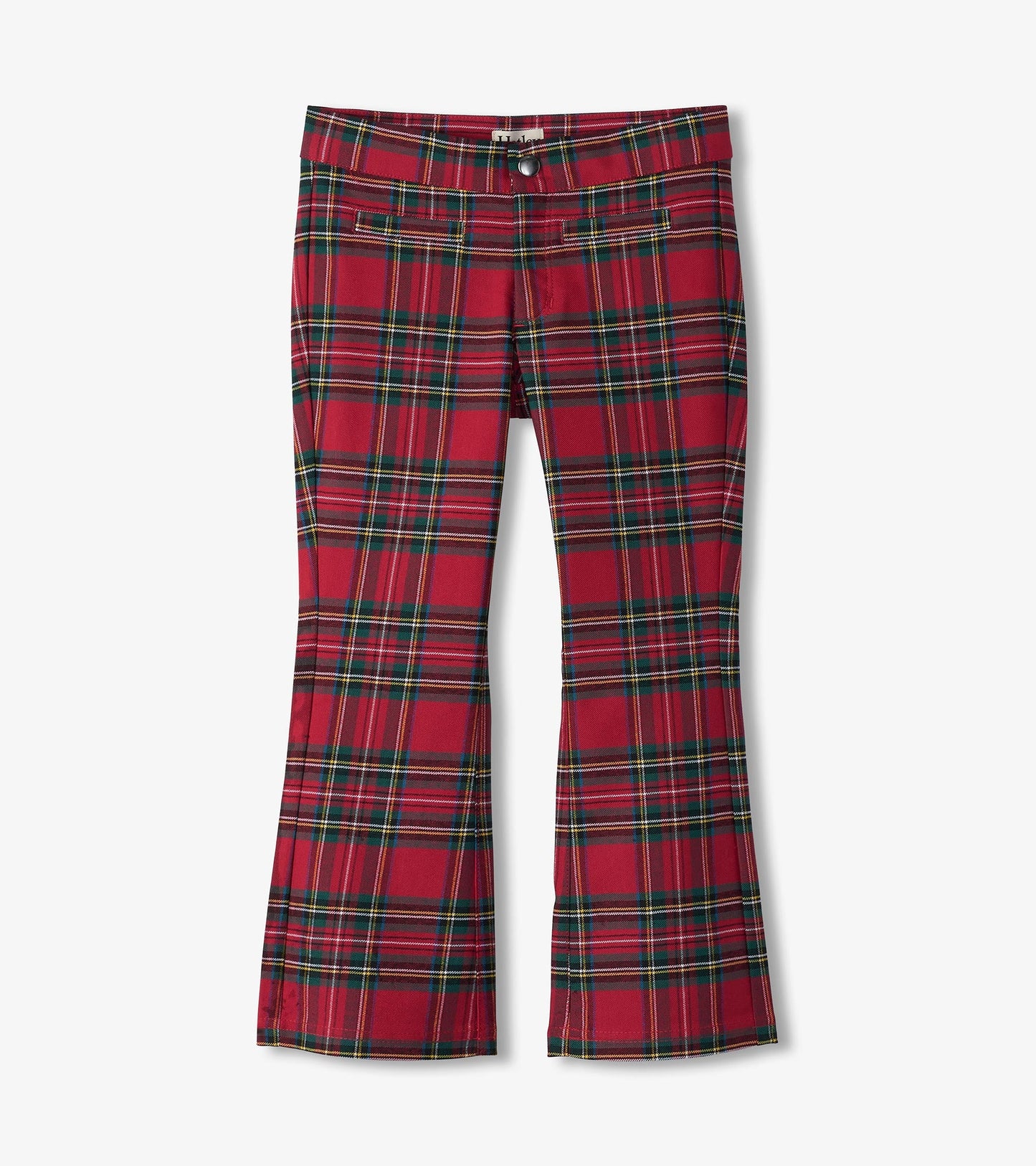 Red plaid flared pants with a fitted waist and pockets, suitable for casual wear.
