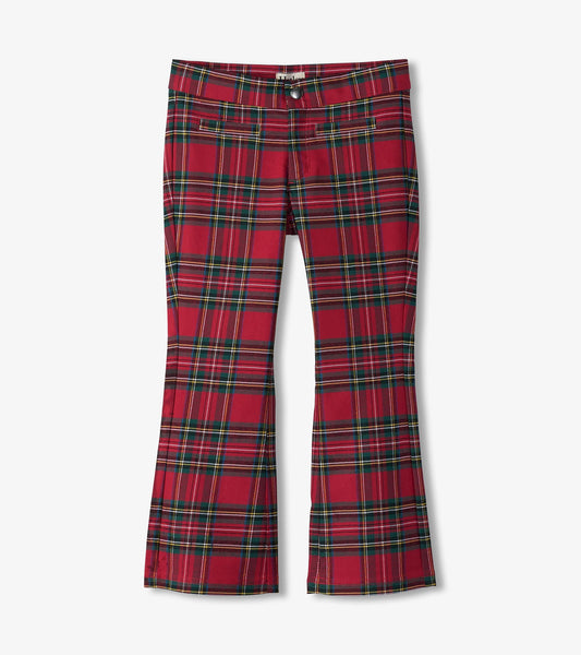 Red plaid flared pants with a fitted waist and pockets, suitable for casual wear.