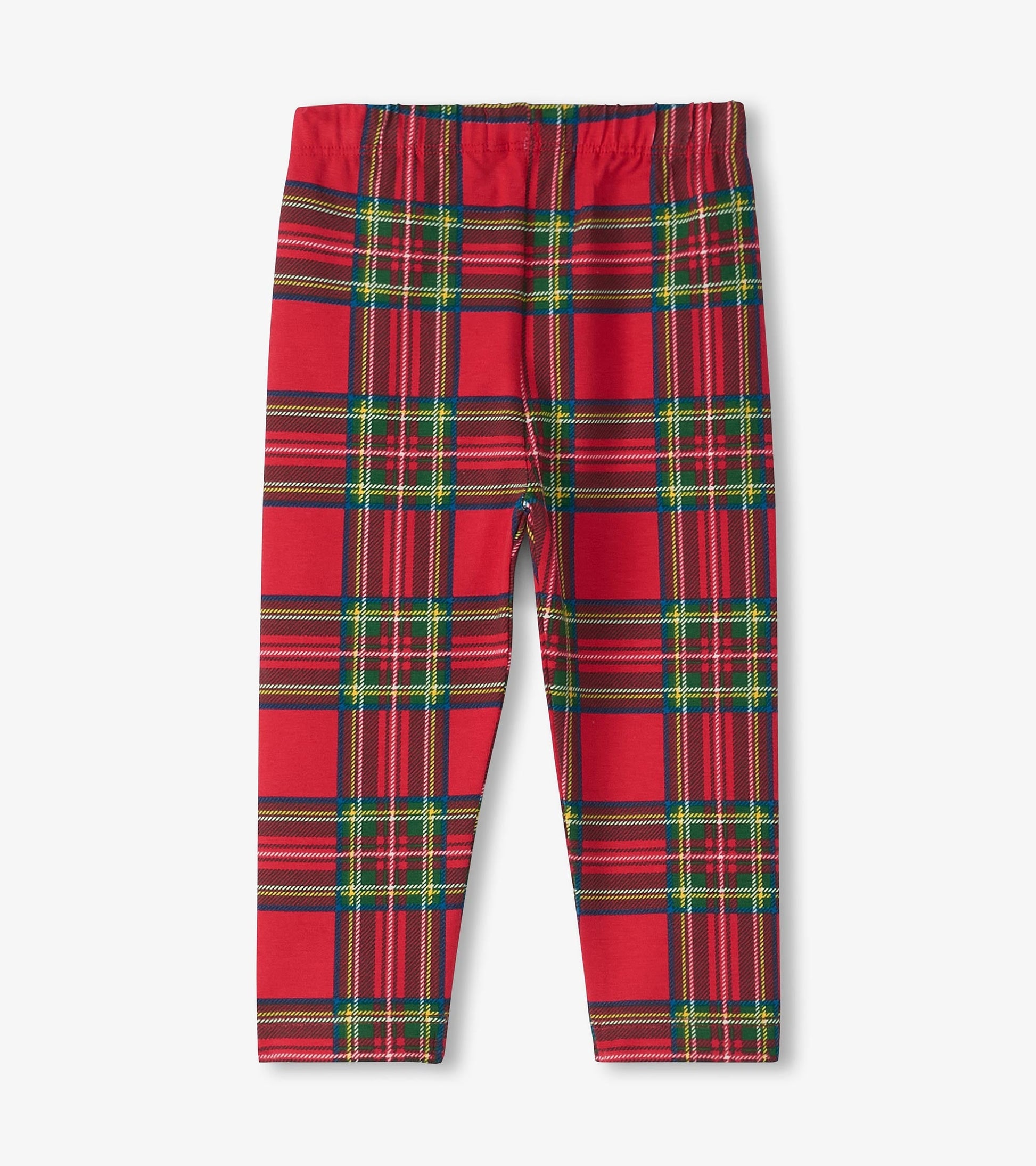 Red plaid leggings featuring an elastic waistband, designed for babies and toddlers.