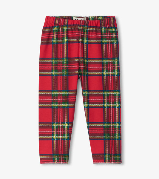 Red plaid leggings with an elastic waistband, designed for babies and toddlers.