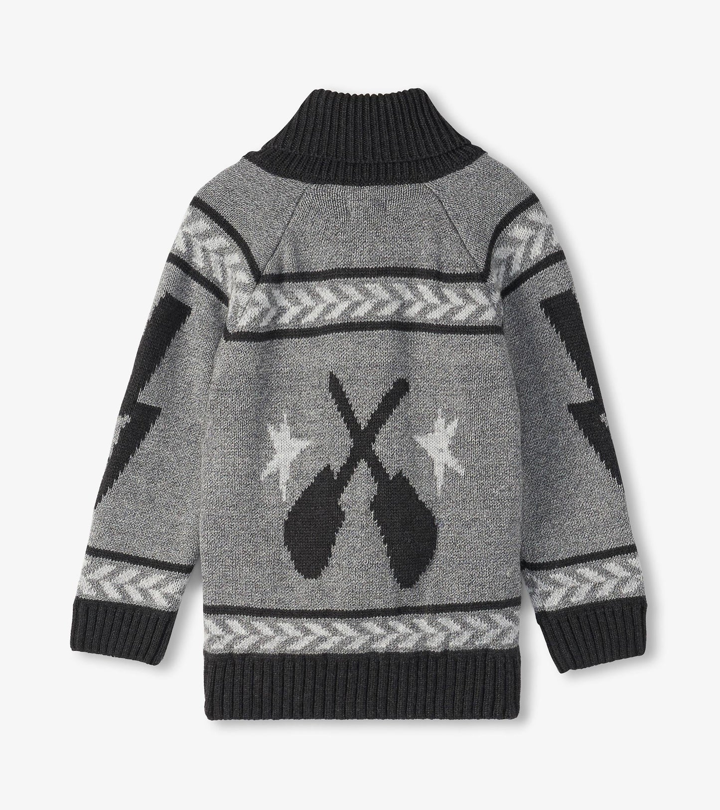 Gray shawl collar cardigan featuring a rock & roll pattern with black and white accents, ideal for boys.