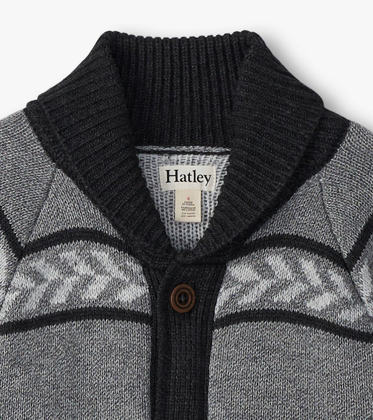 Gray shawl collar cardigan featuring a button closure and a patterned design, suitable for boys.