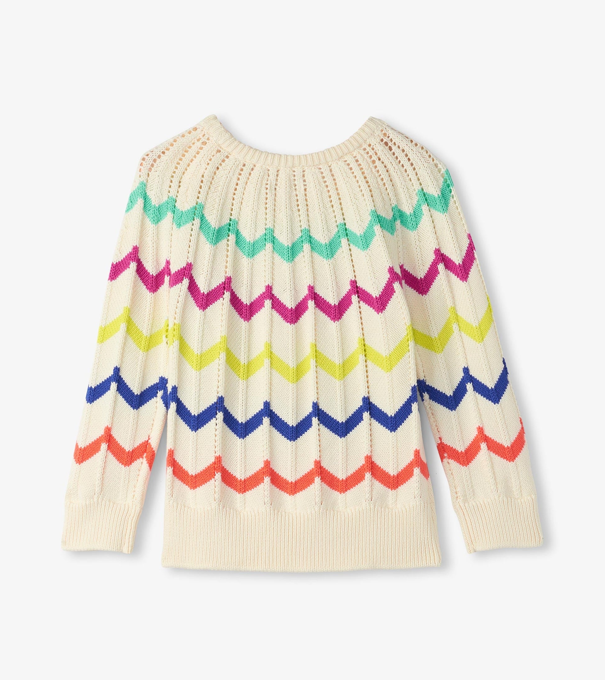 Cream sweater featuring a colorful zigzag pattern in pink, green, blue, yellow, and orange.