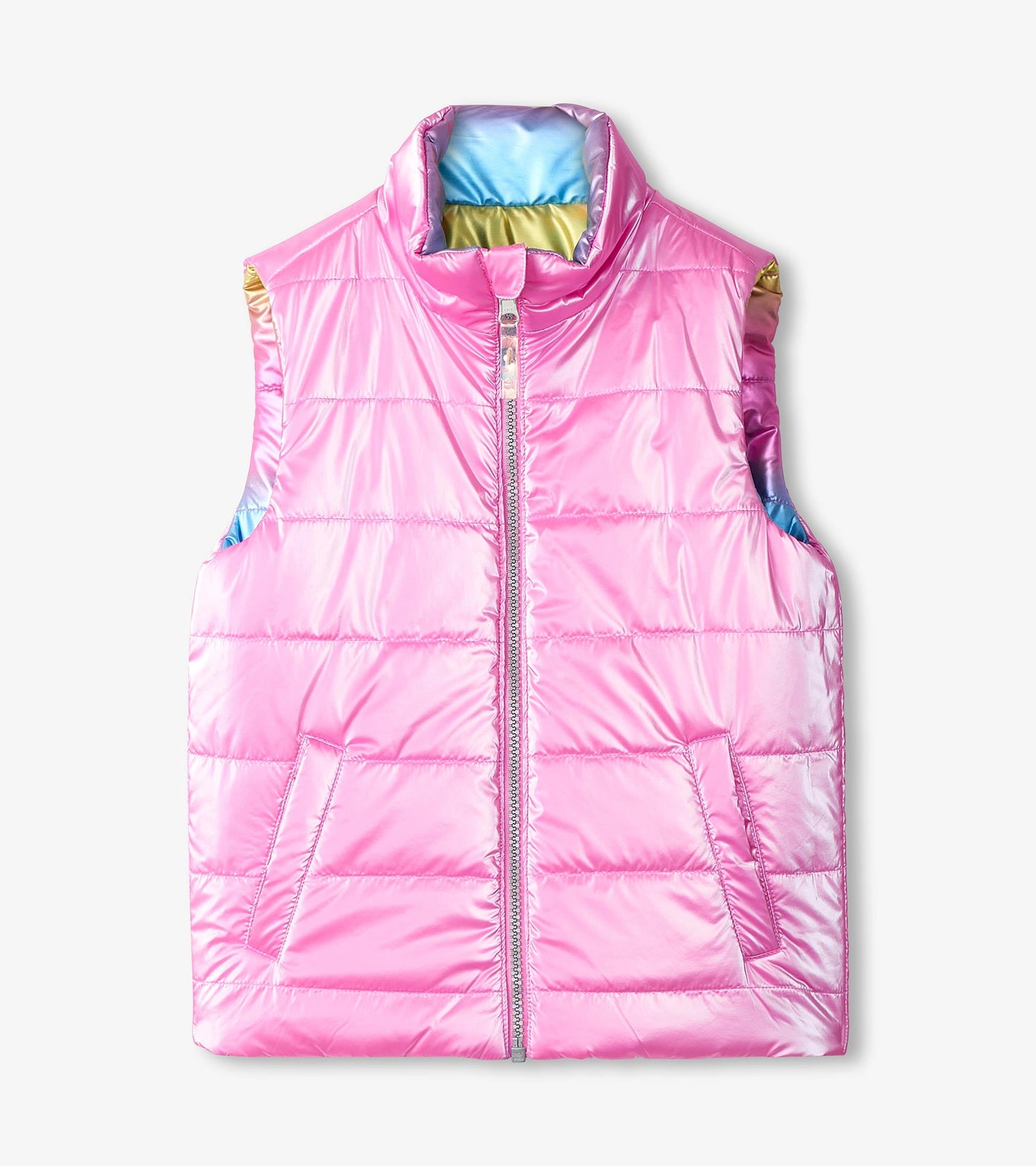 Reversible quilted vest in shiny pink with a high collar and colorful lining, featuring two front pockets.