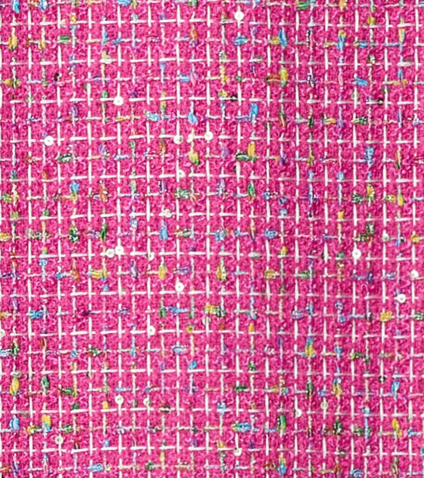 Pink tweed fabric with multicolored flecks, featuring a textured pattern suitable for a girl's dress.