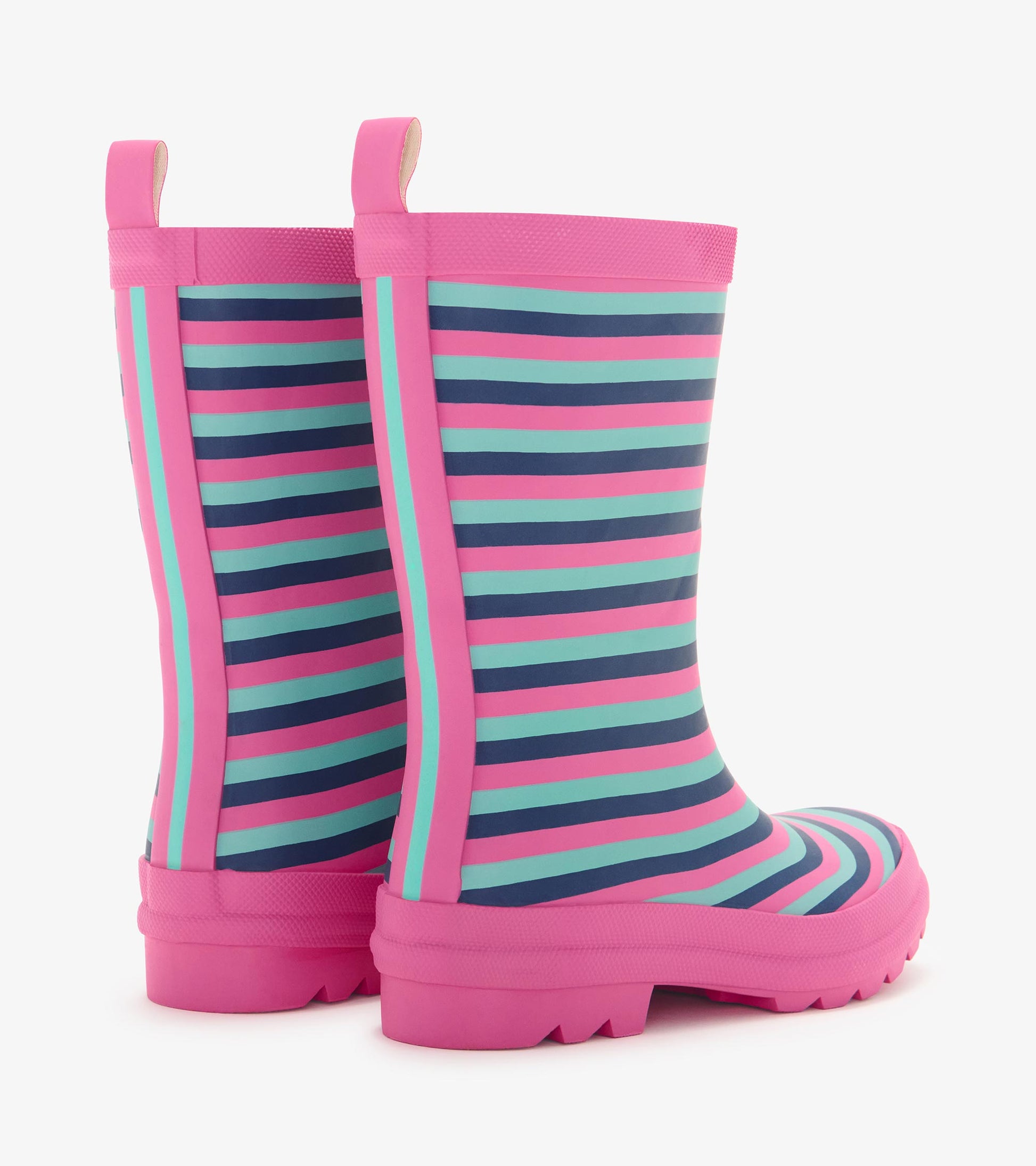 Matte rain boots featuring pink, violet, and teal stripes with a sturdy sole, designed for kids.