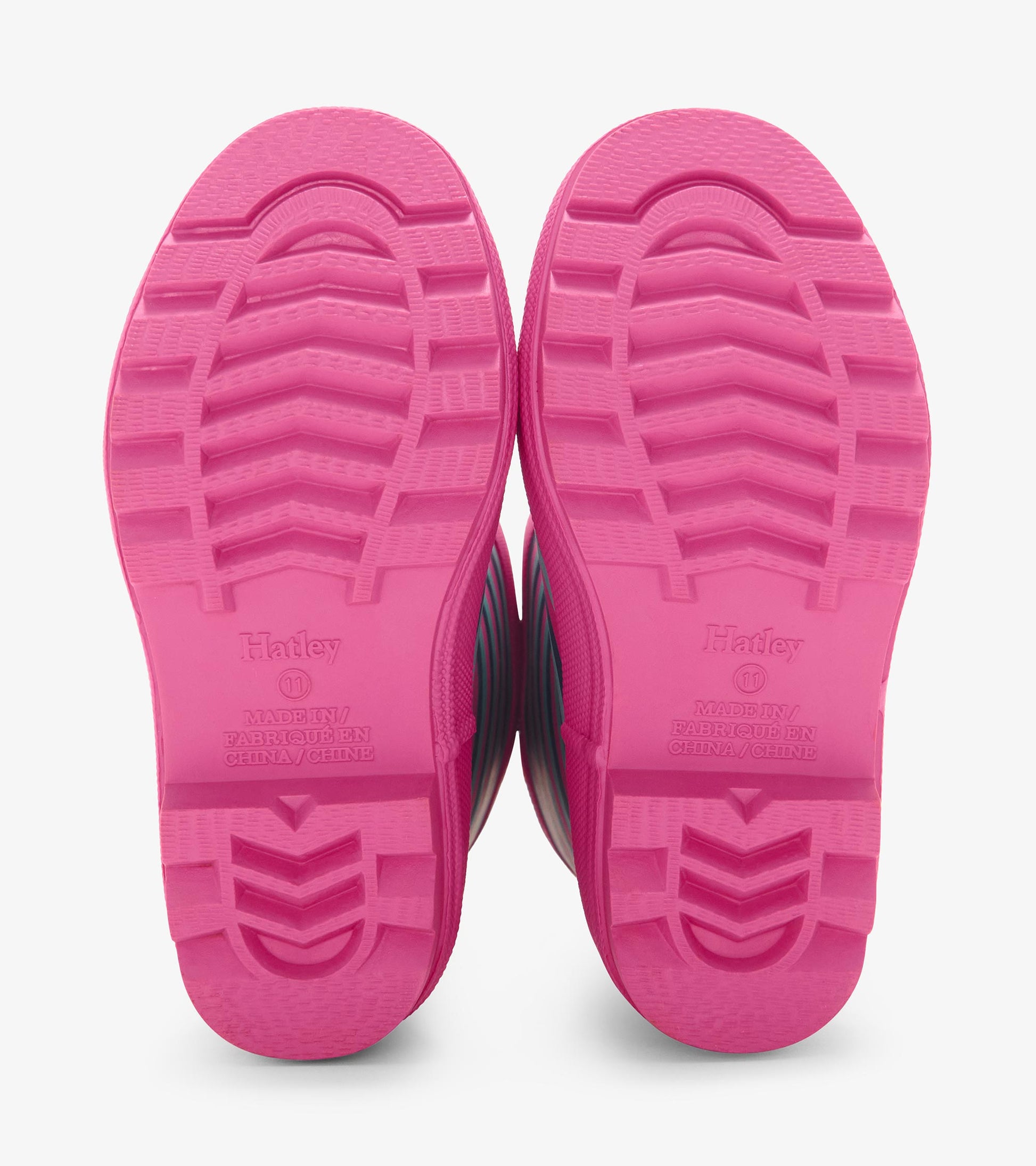 Pink rubber rain boots with violet stripes and textured soles, designed for girls.