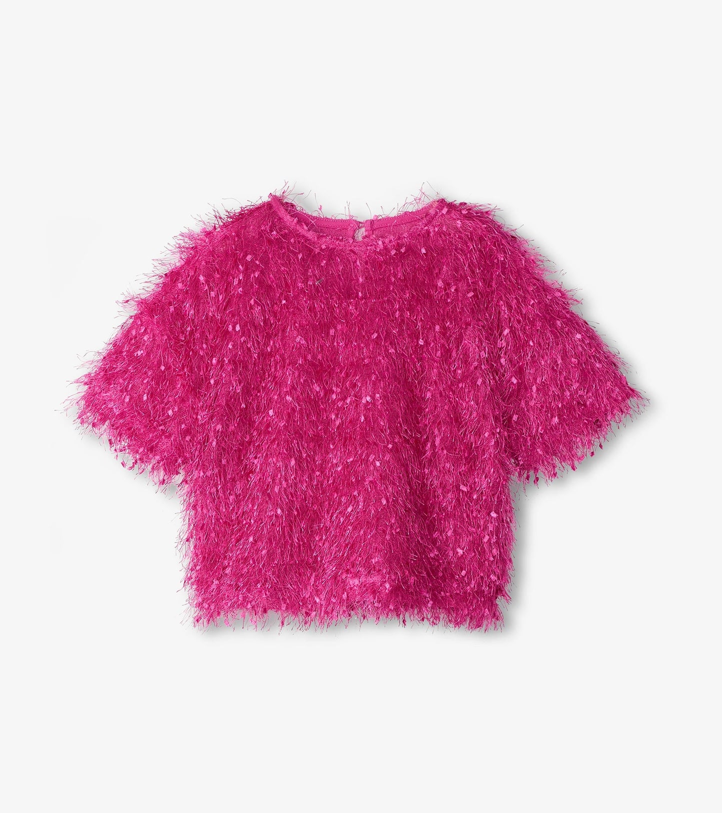 Fluffy knit sweater in vibrant rose violet with short sleeves and a round neckline. Soft, textured material.