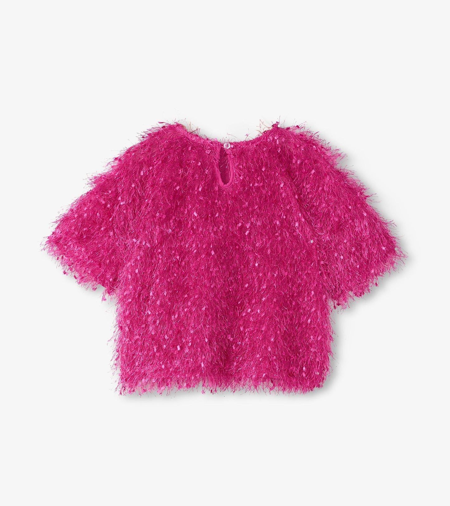 Fluffy pink knit sweater with short sleeves and a keyhole back detail. Soft texture ideal for casual wear.