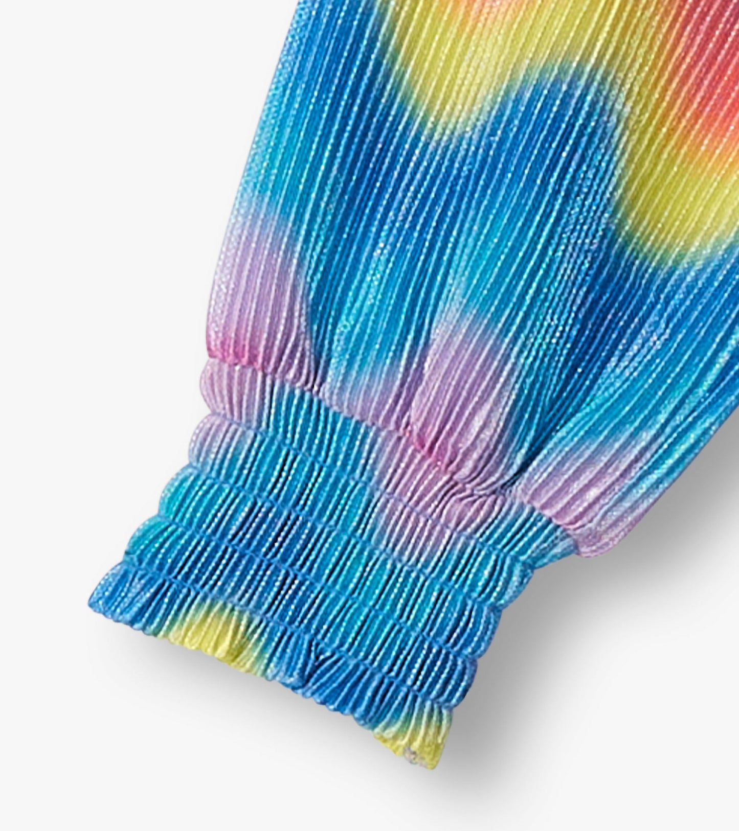 Pleated A-line dress featuring a colorful rainbow wave pattern in shades of blue, pink, and yellow.