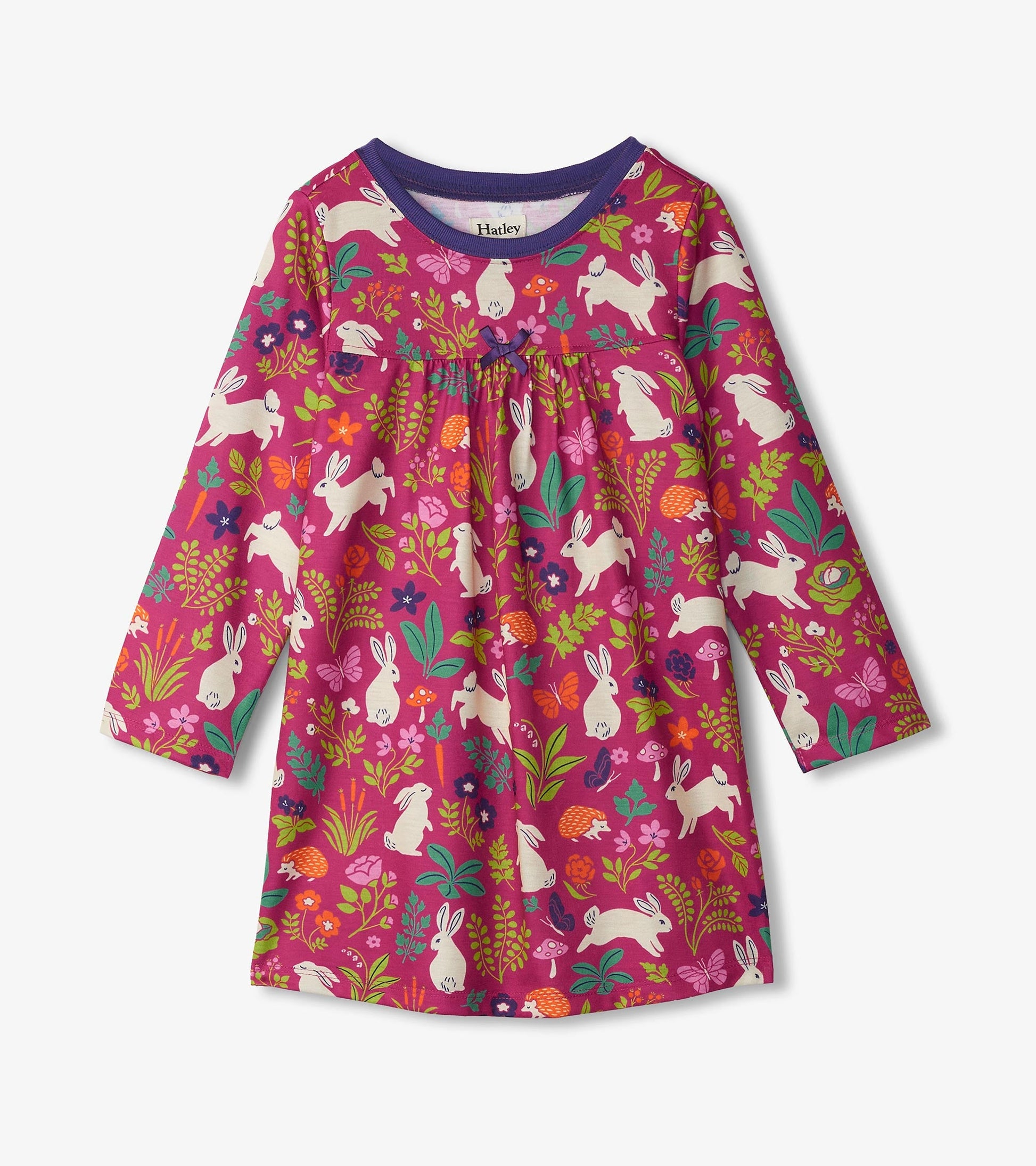 Purple long-sleeve nightgown featuring a playful bunny and floral print, ideal for sleepwear.