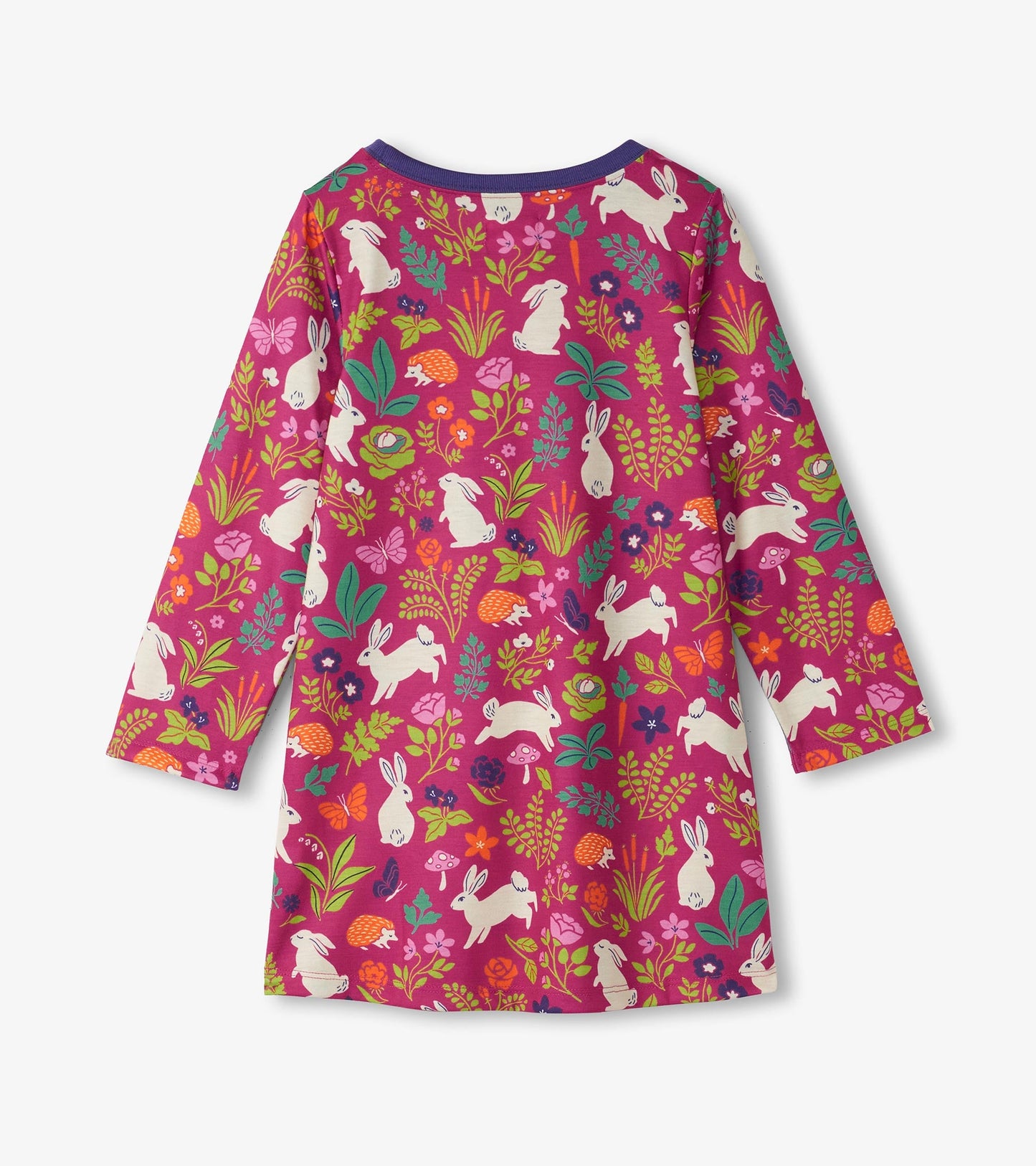 Long-sleeve nightgown featuring a vibrant pink fabric with a playful bunny and floral pattern.
