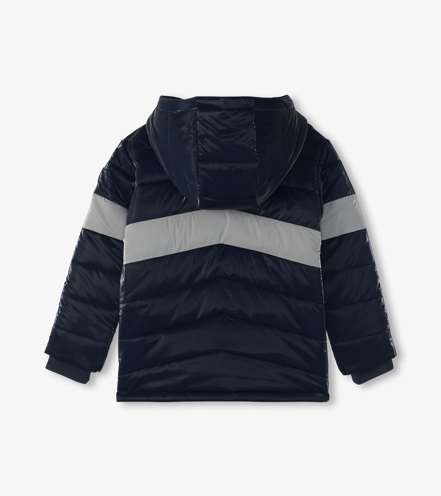 Navy blue puffer jacket with a hood, featuring gray chevron stripes and a quilted design, shown from the back.