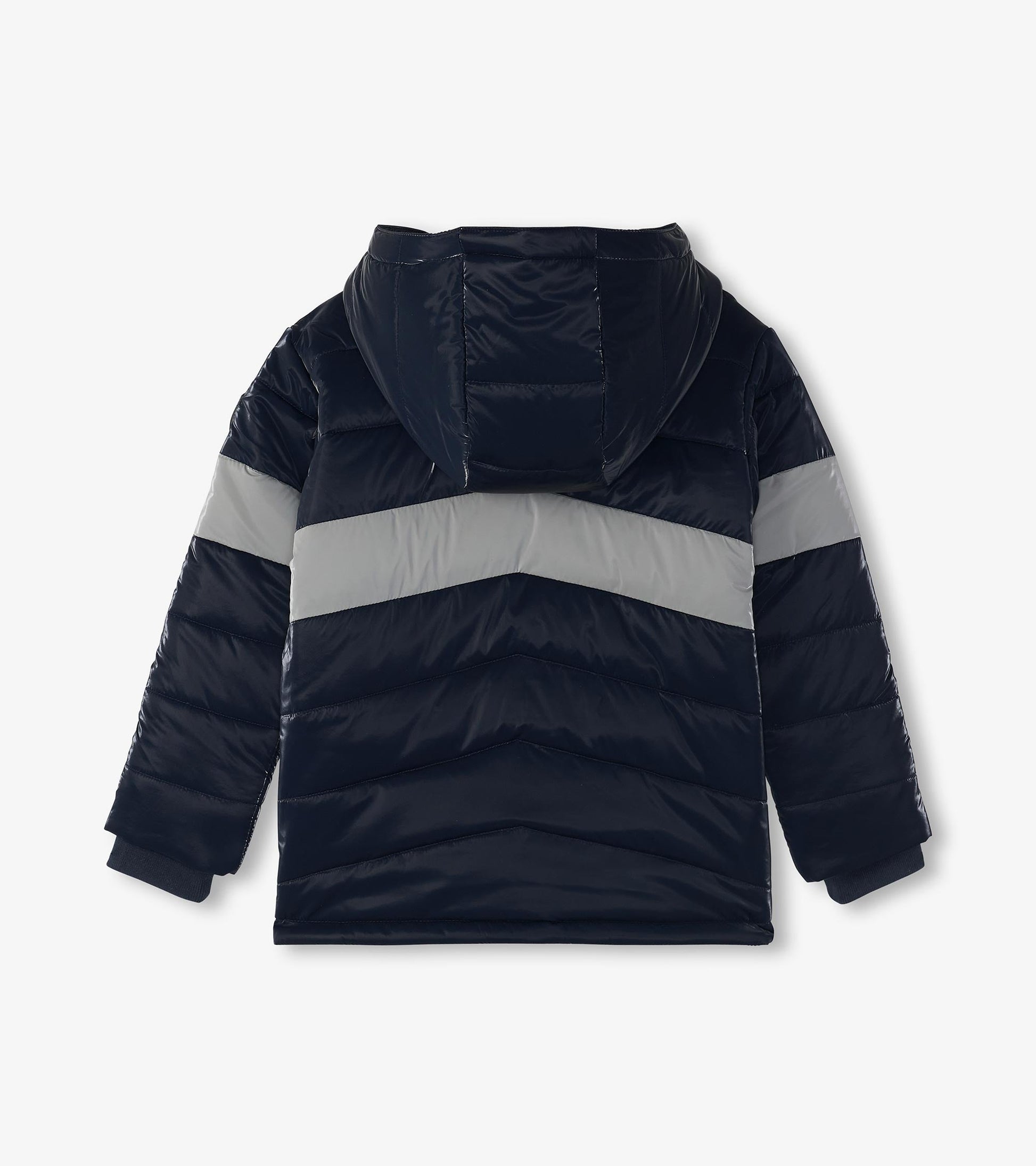 Navy blue puffer jacket with a hood, featuring gray chevron stripes and a quilted design, shown from the back.