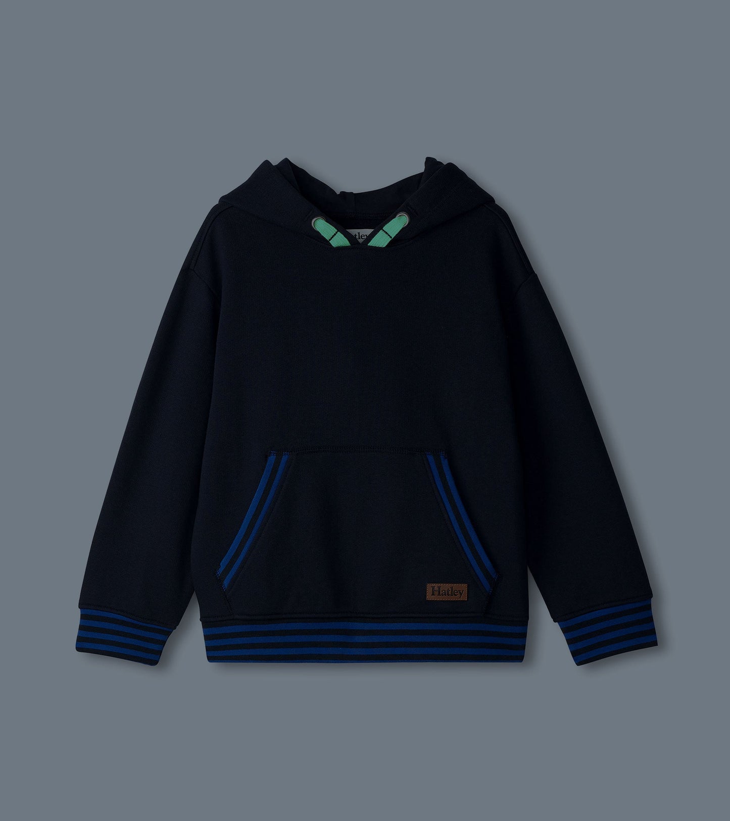 Navy pullover hoodie with a front pocket, striped cuffs, and green drawstrings. Suitable for boys aged 2 to 12.