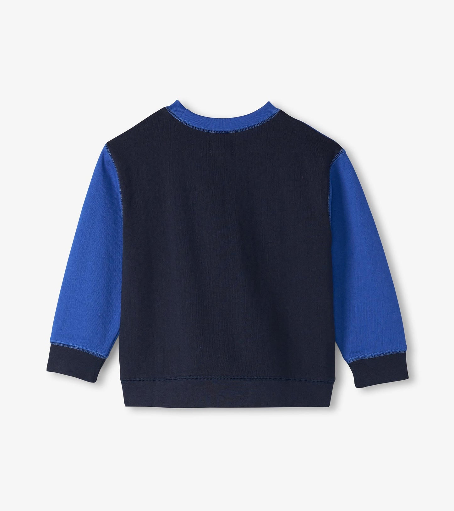Navy and blue striped panel sweatshirt with long sleeves and a crew neckline, viewed from the back.