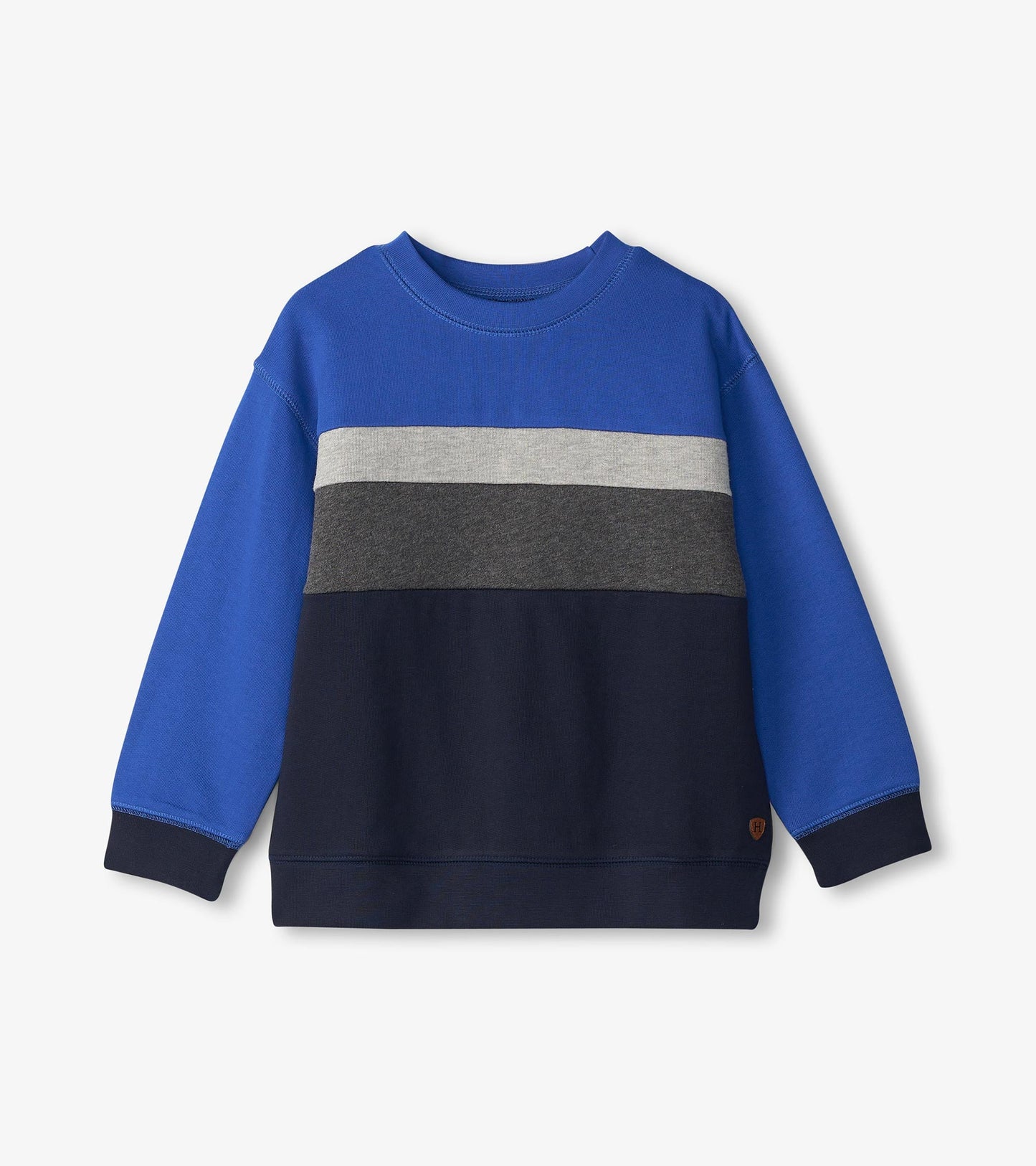Blue sweatshirt featuring striped panels in gray and navy, with a crew neckline and long sleeves.