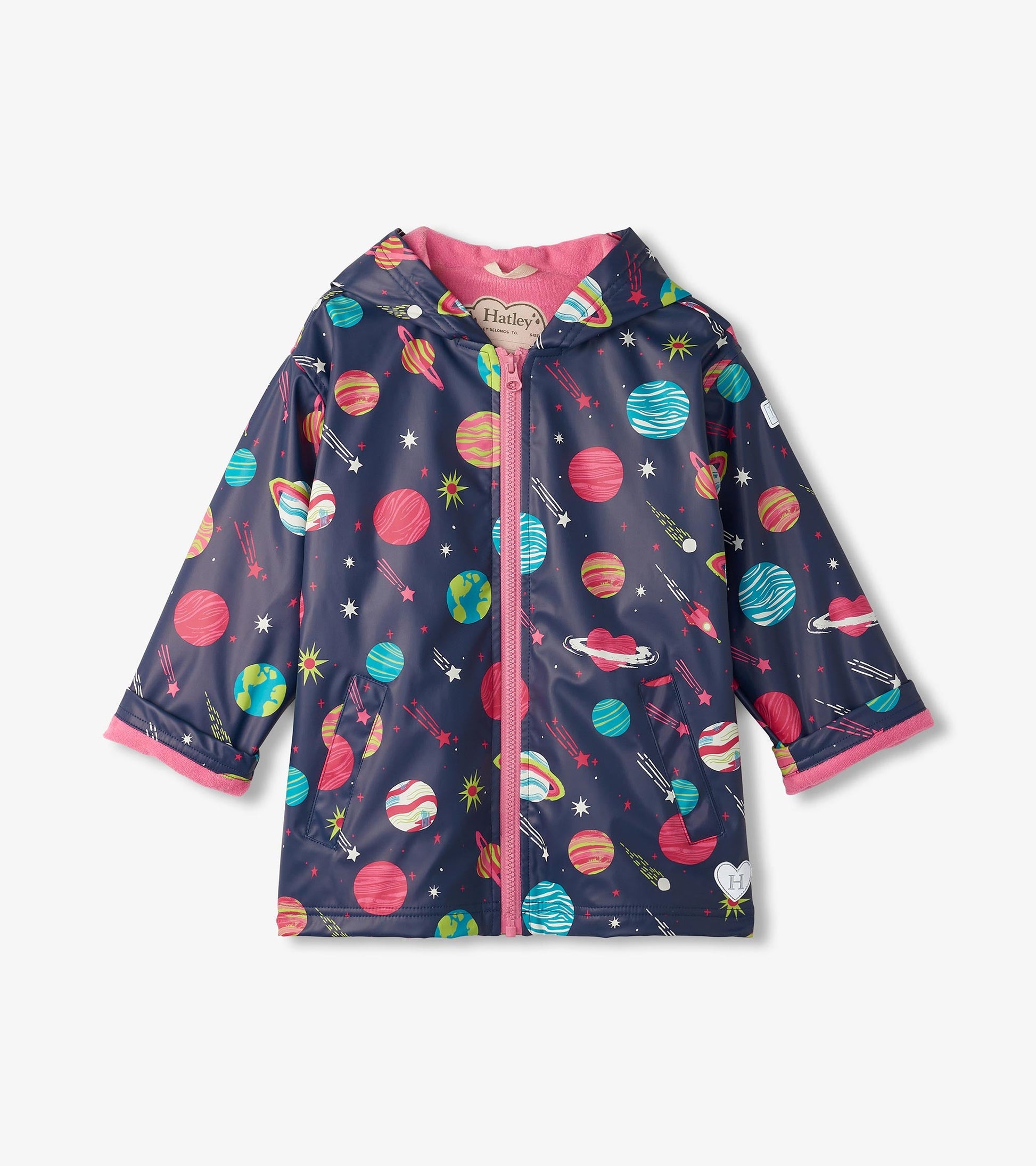 Navy zip-up rain jacket featuring colorful space-themed patterns and a pink lining, suitable for girls.