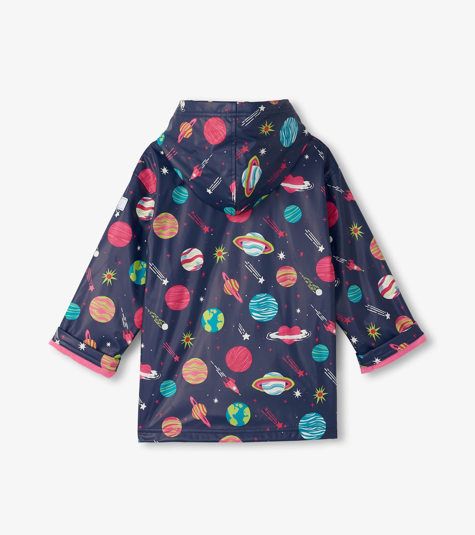 Navy rain jacket featuring a colorful space-themed print with planets and stars, designed for girls, with a hood.