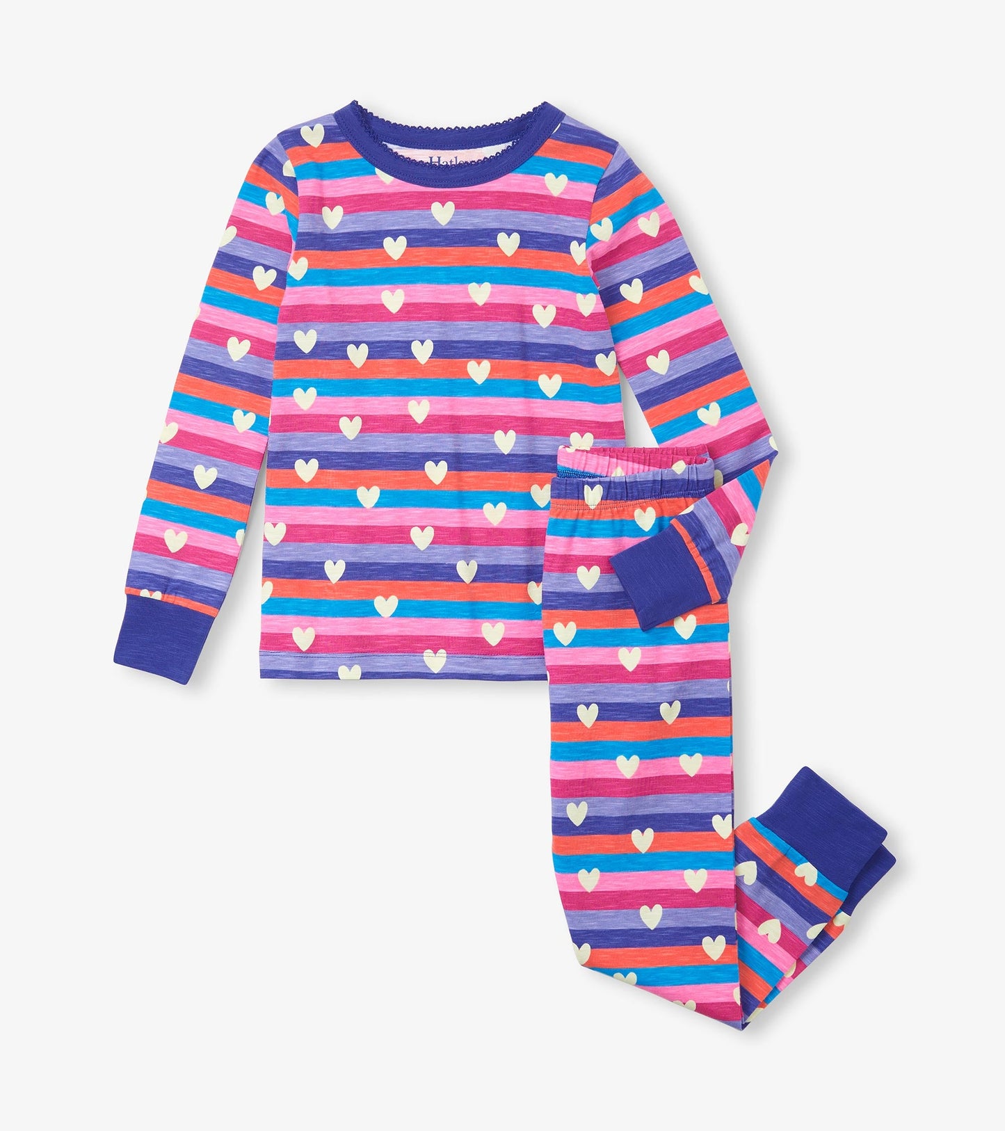 Purple pajama set featuring colorful stripes and white hearts, includes long-sleeve top and matching pants.