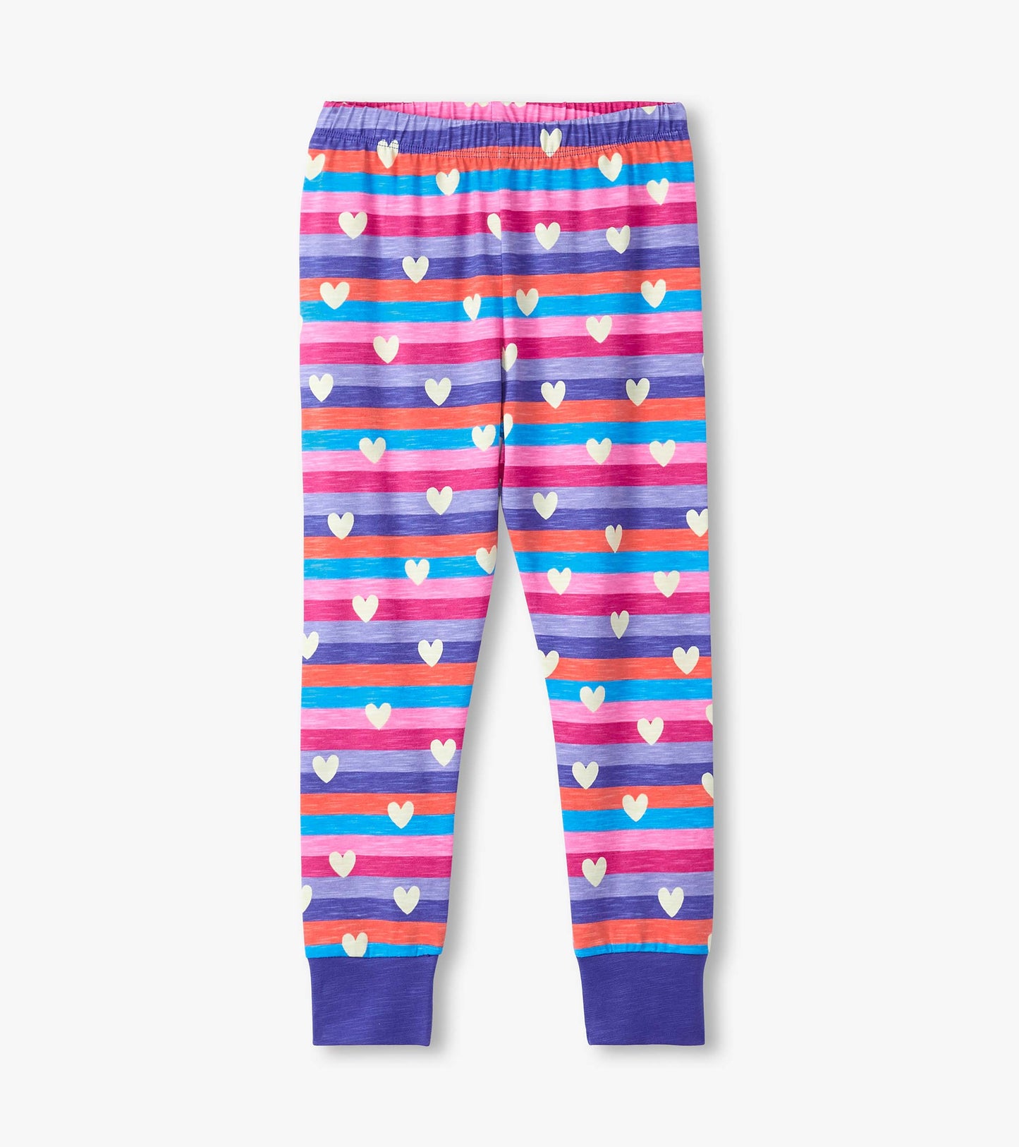 Colorful pajama pants featuring horizontal stripes in pink, purple, and blue with white hearts, elastic waistband, and cuffe…