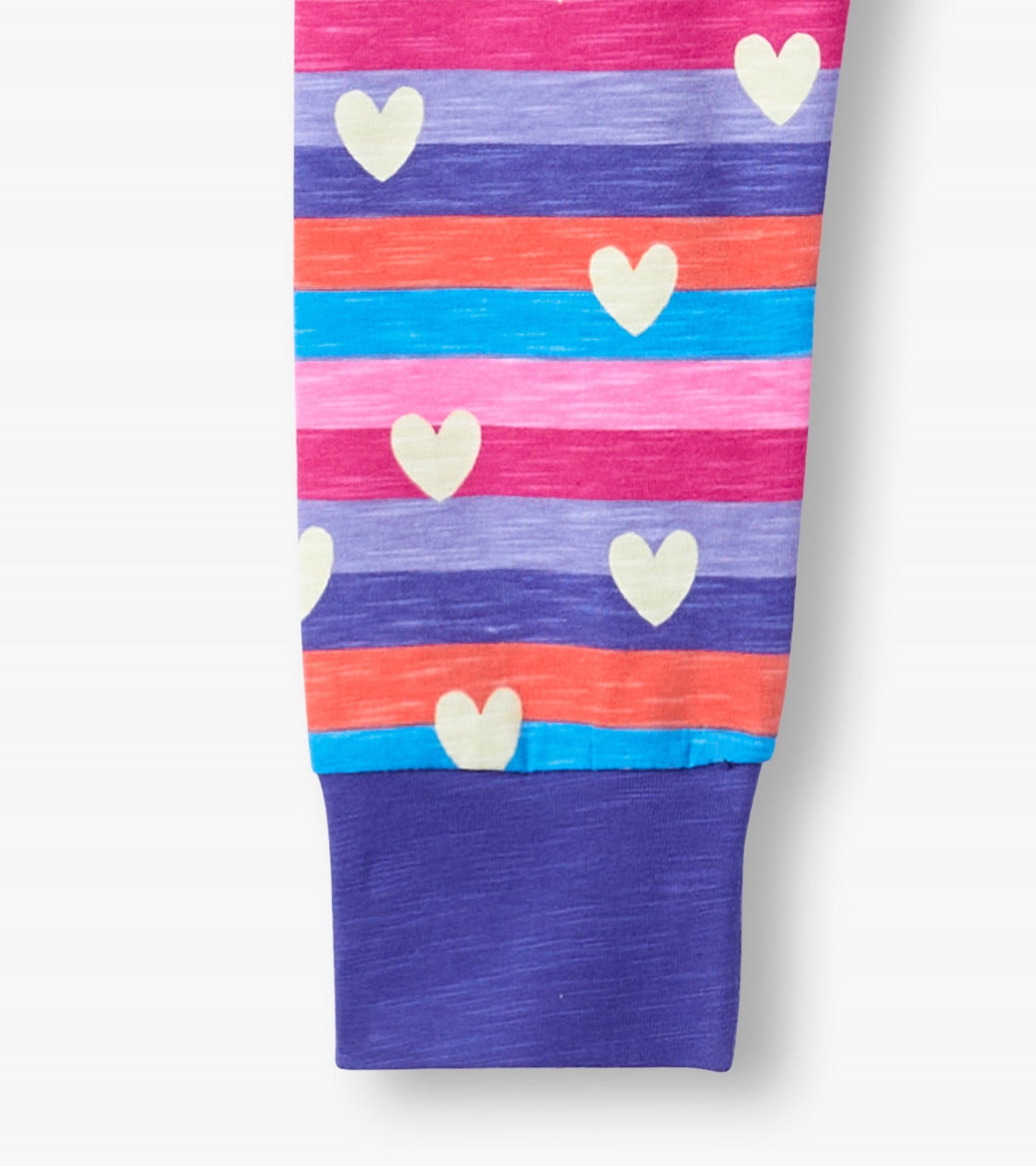 Colorful striped pajama set featuring hearts in pink, purple, blue, and orange with a purple cuff.