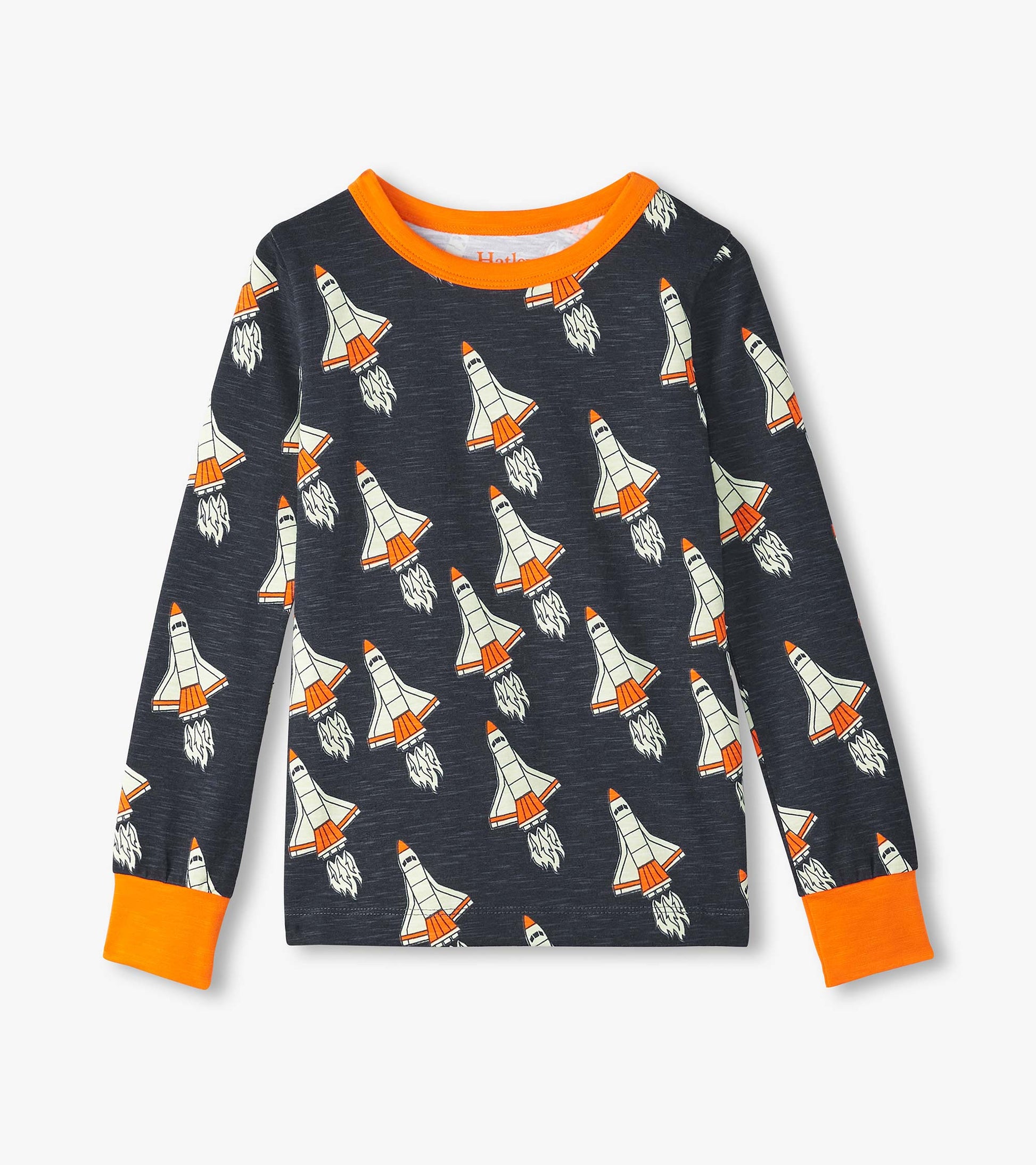Long-sleeve pajama top featuring a navy background with colorful rocket ship patterns and orange cuffs.