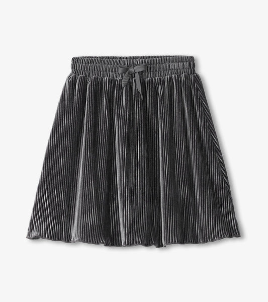 Pleated velour skirt in silver with an elastic waistband and bow detail, suitable for casual or dressy occasions.